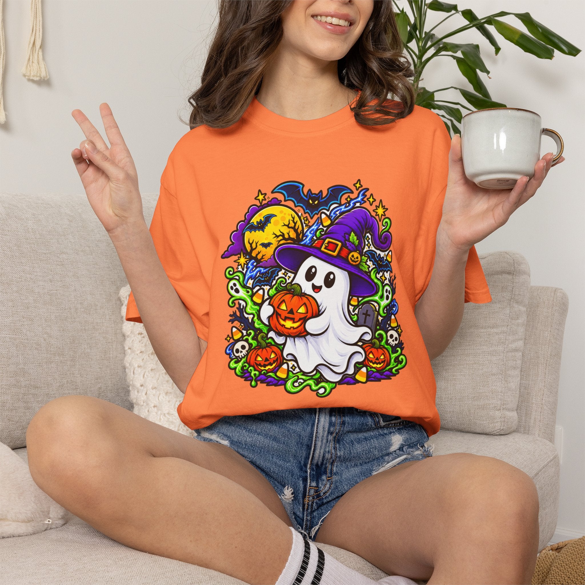 Unisex Halloween Ghost & Pumpkin Tee | Vibrant Spooky Adult Shirt