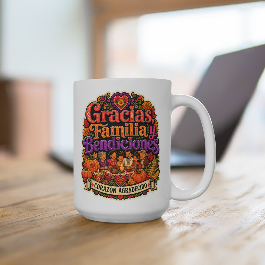 Gracias Familia Bendiciones Mug - Corazón Agradecido Coffee Cup - Hispanic Family Gratitude Gift for Latina Moms, Abuelas and Loved Ones