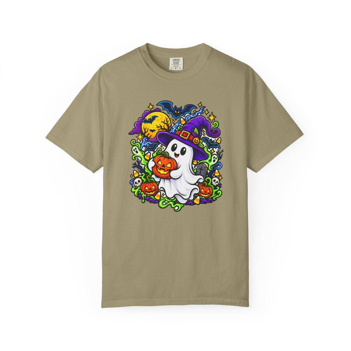 Unisex Halloween Ghost & Pumpkin Tee | Vibrant Spooky Adult Shirt