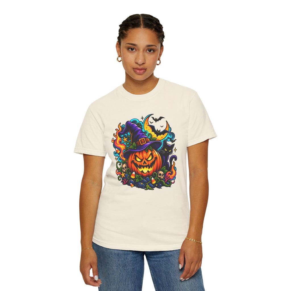 Unisex Halloween Pumpkin & Black Cat T-Shirt | Colorful Spooky Adult Tee