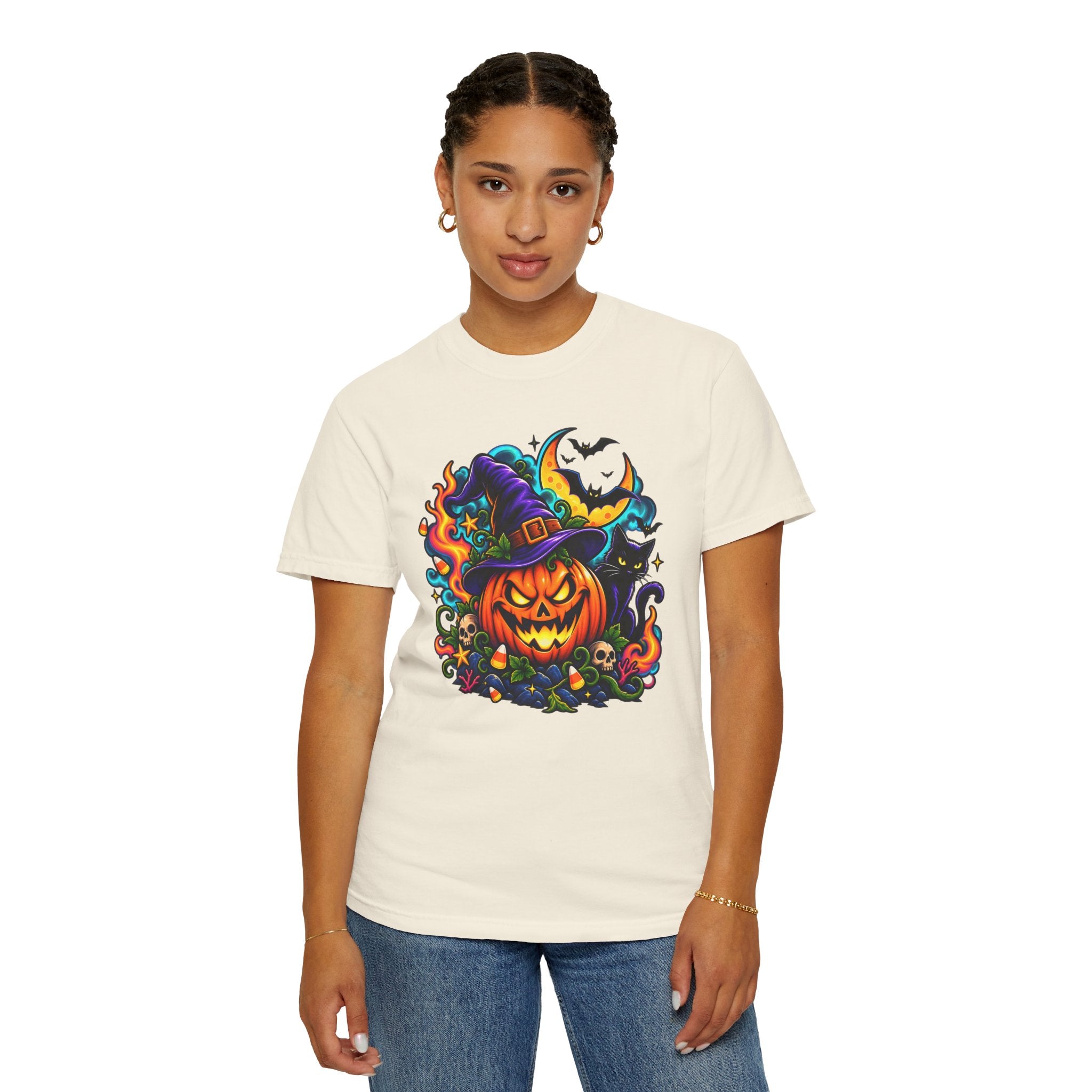 Unisex Halloween Pumpkin & Black Cat T-Shirt | Colorful Spooky Adult Tee