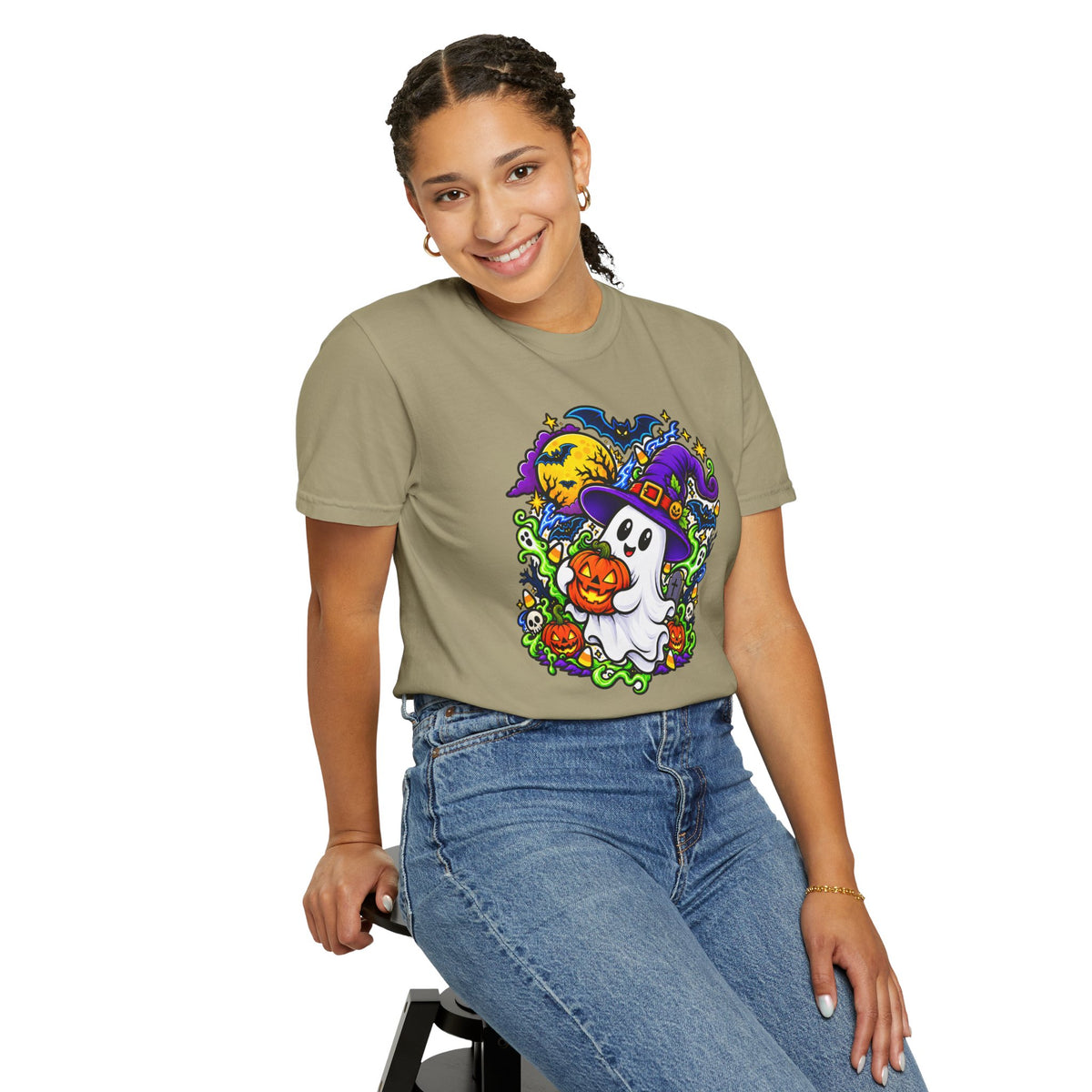 Unisex Halloween Ghost & Pumpkin Tee | Vibrant Spooky Adult Shirt