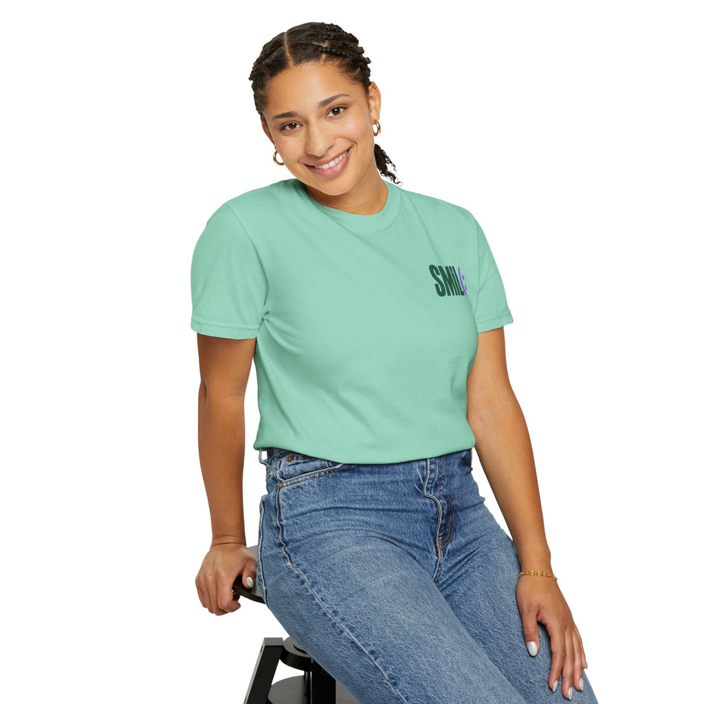 SMIL(: IT’S FREE. Green & Purple Front-and-Back Garment-Dyed Tee