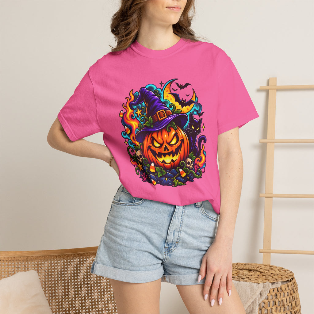 Unisex Halloween Pumpkin & Black Cat T-Shirt | Colorful Spooky Adult Tee