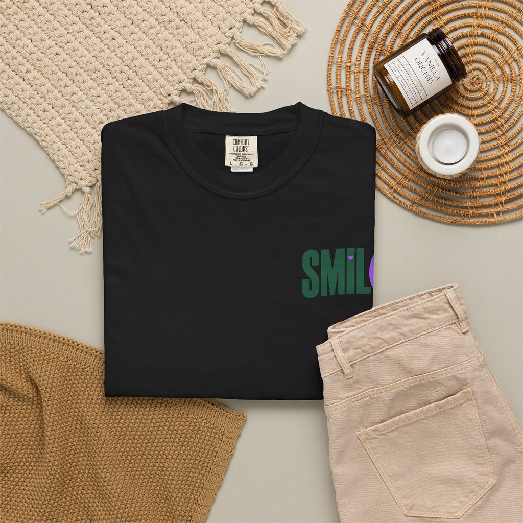 SMIL(: IT’S FREE. Green & Purple Front-and-Back Garment-Dyed Tee