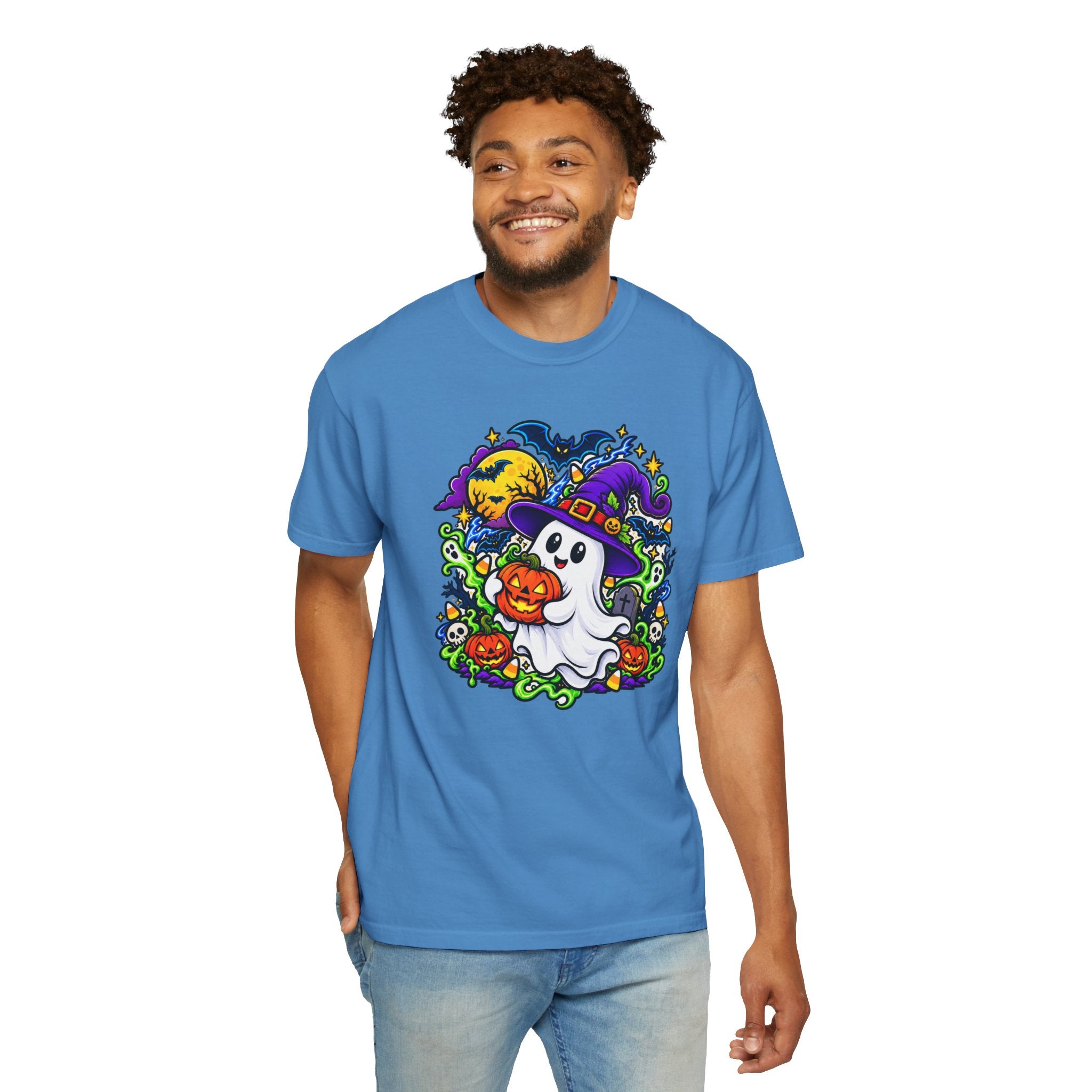 Unisex Halloween Ghost & Pumpkin Tee | Vibrant Spooky Adult Shirt