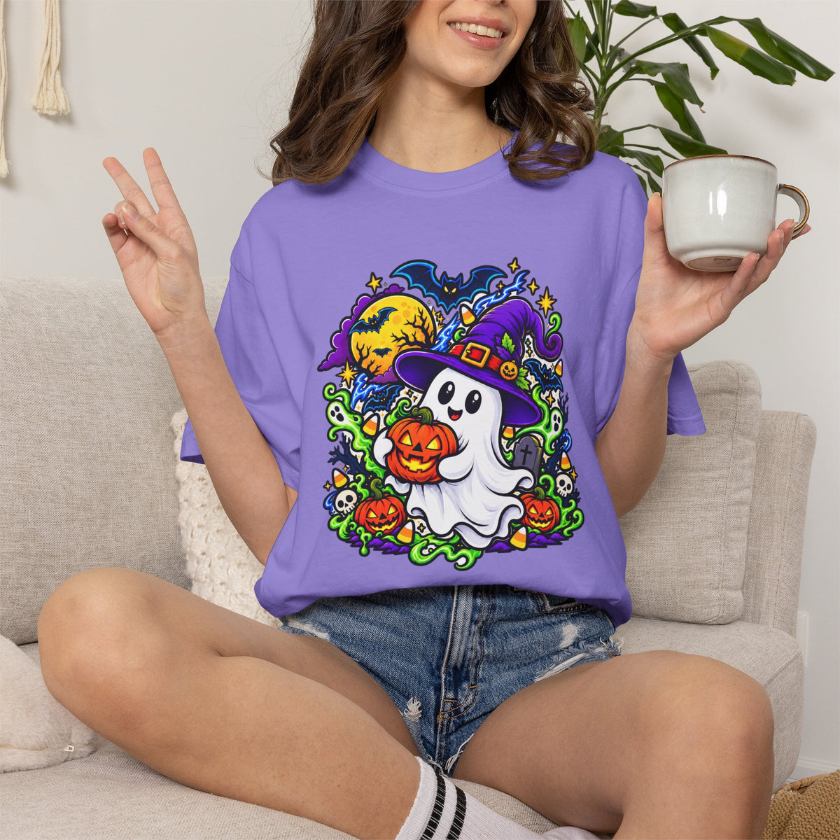 Unisex Halloween Ghost & Pumpkin Tee | Vibrant Spooky Adult Shirt