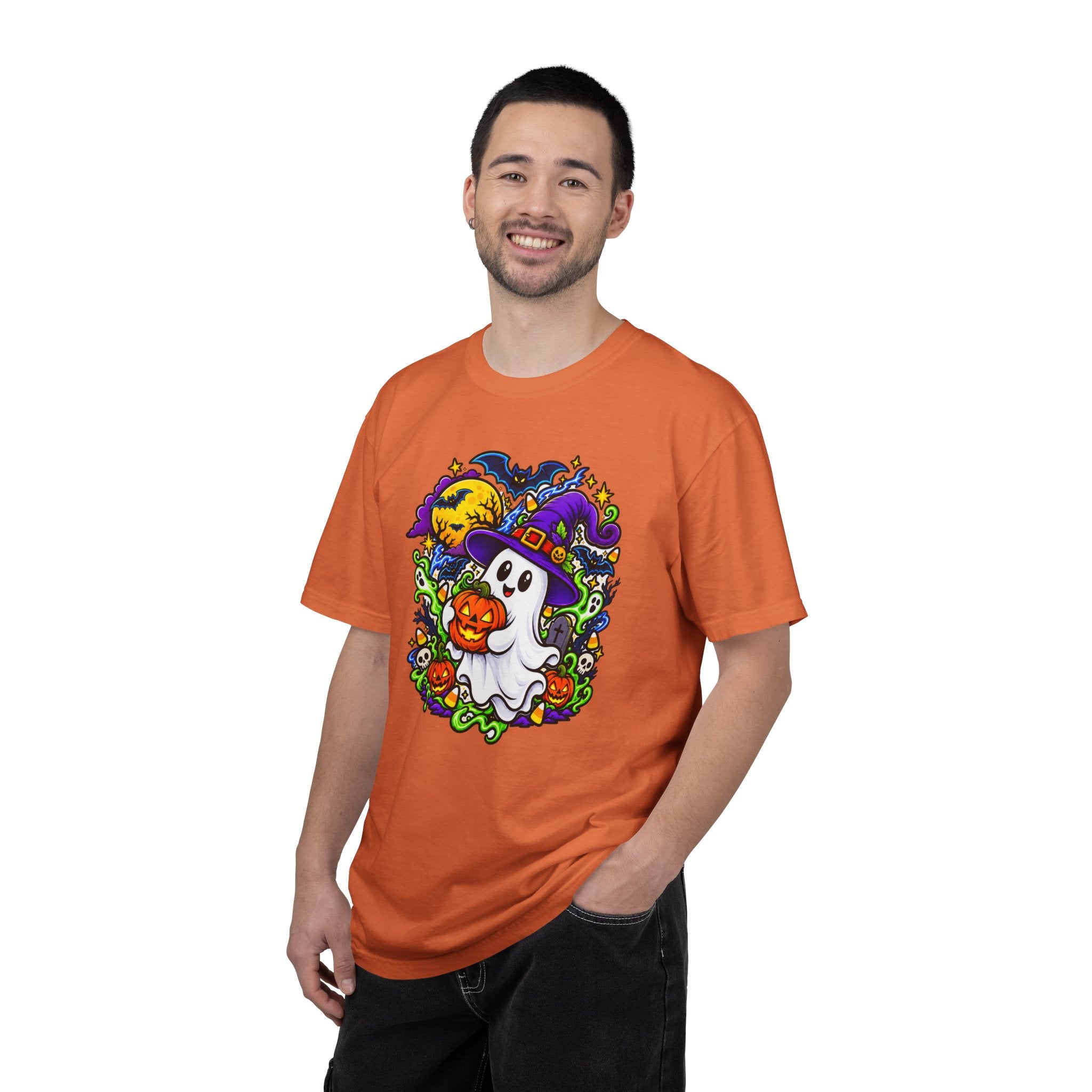 Unisex Halloween Ghost & Pumpkin Tee | Vibrant Spooky Adult Shirt