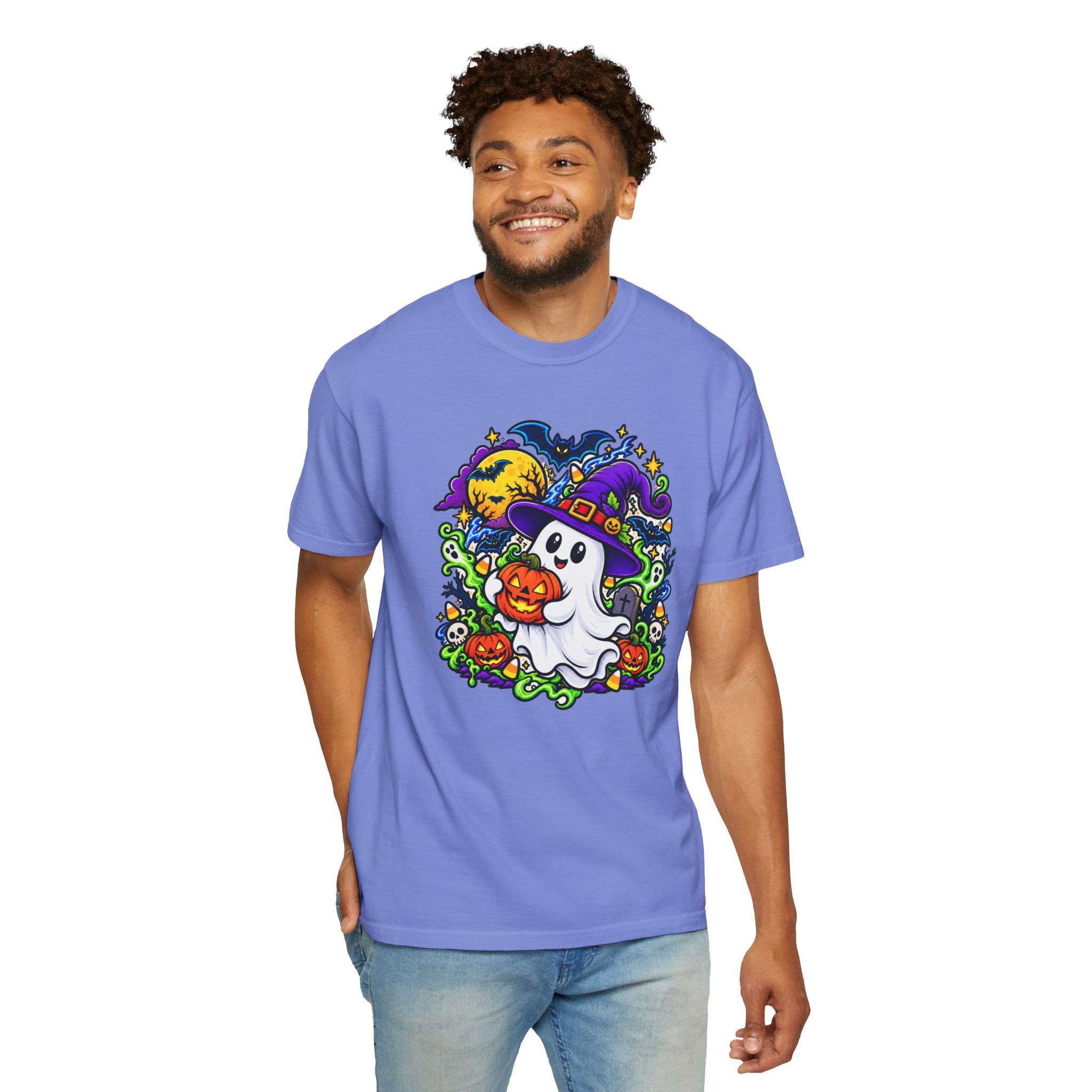 Unisex Halloween Ghost & Pumpkin Tee | Vibrant Spooky Adult Shirt