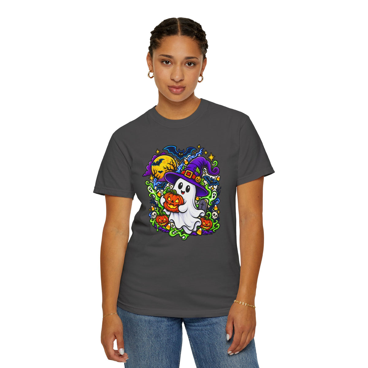 Unisex Halloween Ghost & Pumpkin Tee | Vibrant Spooky Adult Shirt