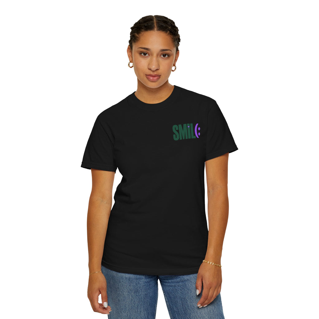 SMIL(: IT’S FREE. Green & Purple Front-and-Back Garment-Dyed Tee
