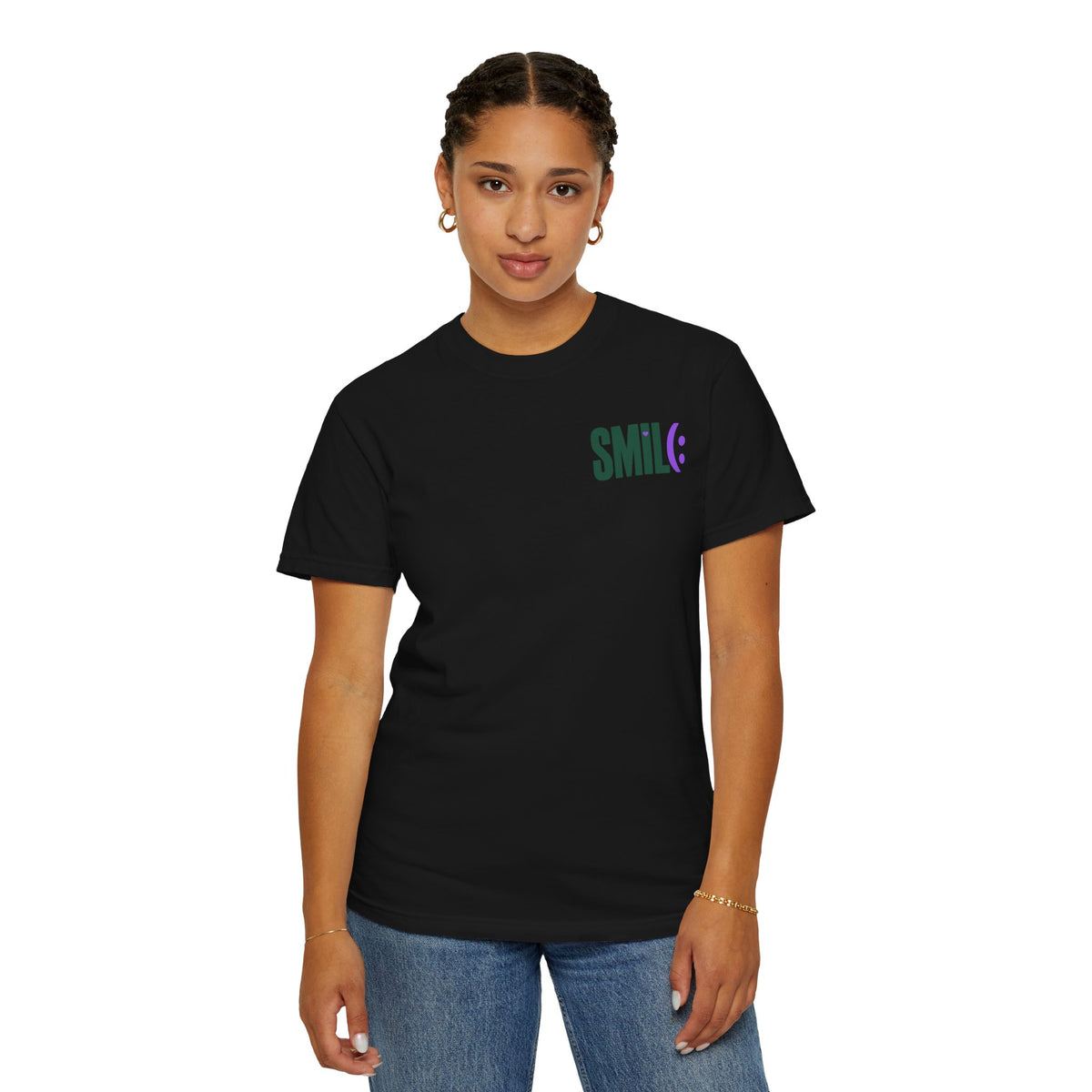 SMIL(: IT’S FREE. Green & Purple Front-and-Back Garment-Dyed Tee