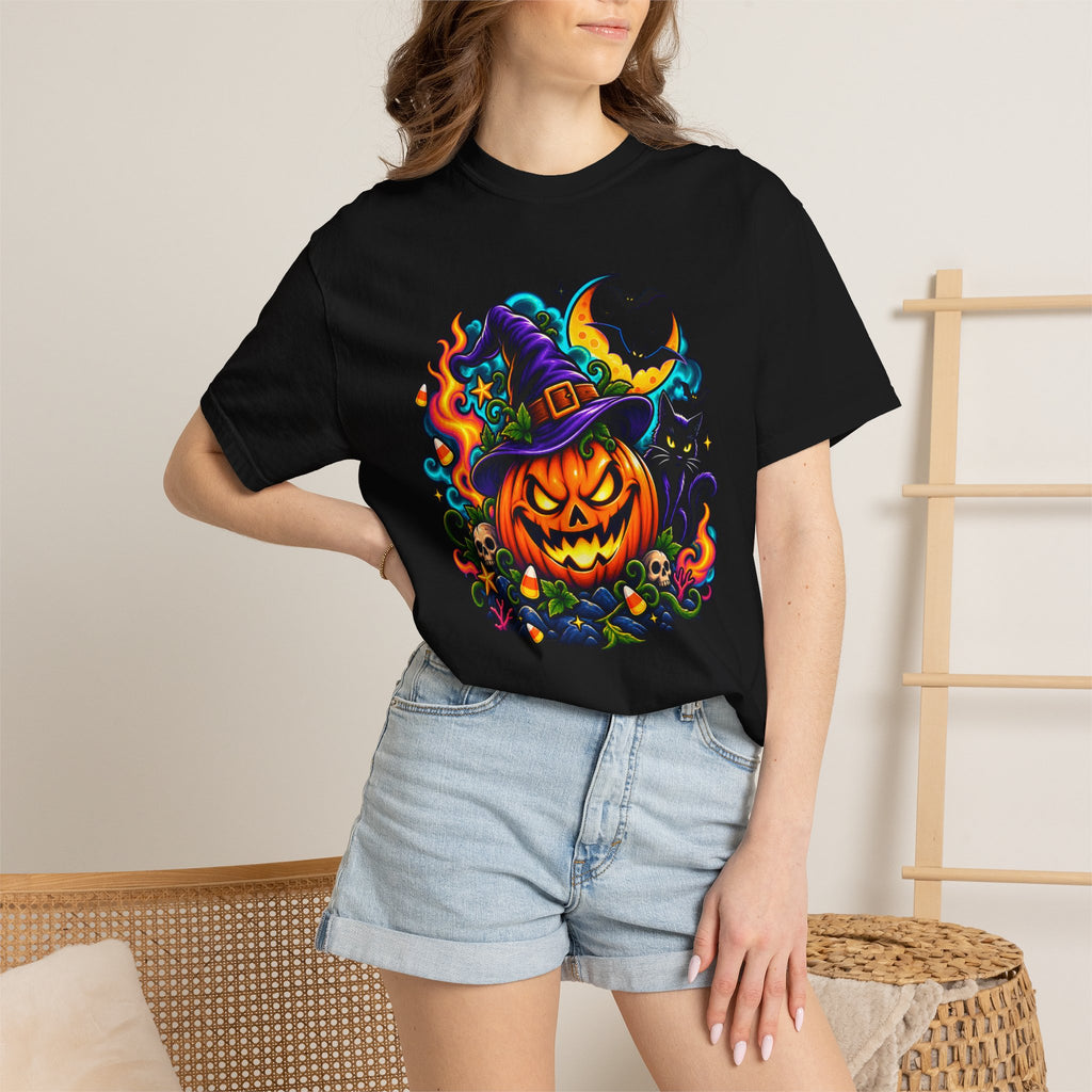 Unisex Halloween Pumpkin & Black Cat T-Shirt | Colorful Spooky Adult Tee