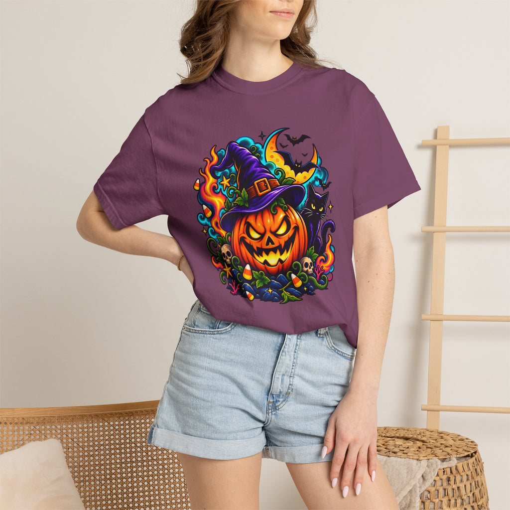Unisex Halloween Pumpkin & Black Cat T-Shirt | Colorful Spooky Adult Tee