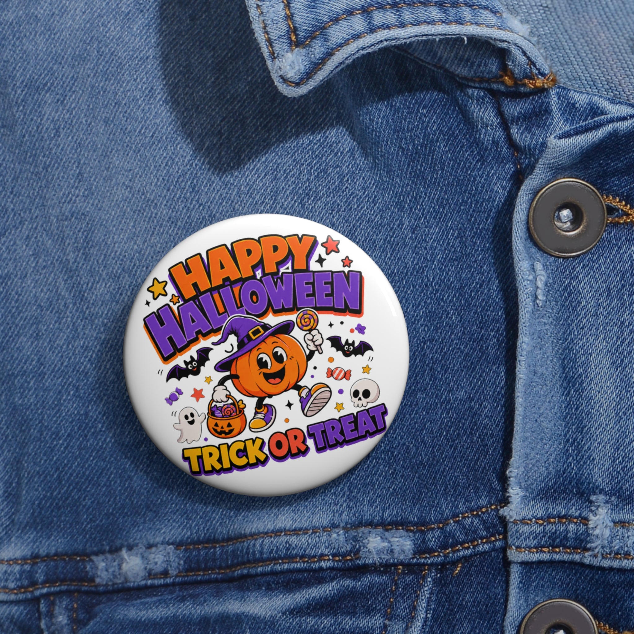 Happy Halloween Button Pin, Trick or Treat Pumpkin Halloween Badge