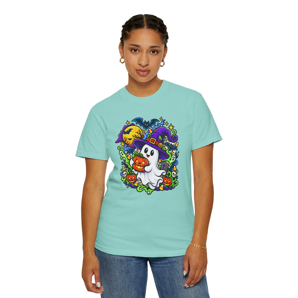 Unisex Halloween Ghost & Pumpkin Tee | Vibrant Spooky Adult Shirt