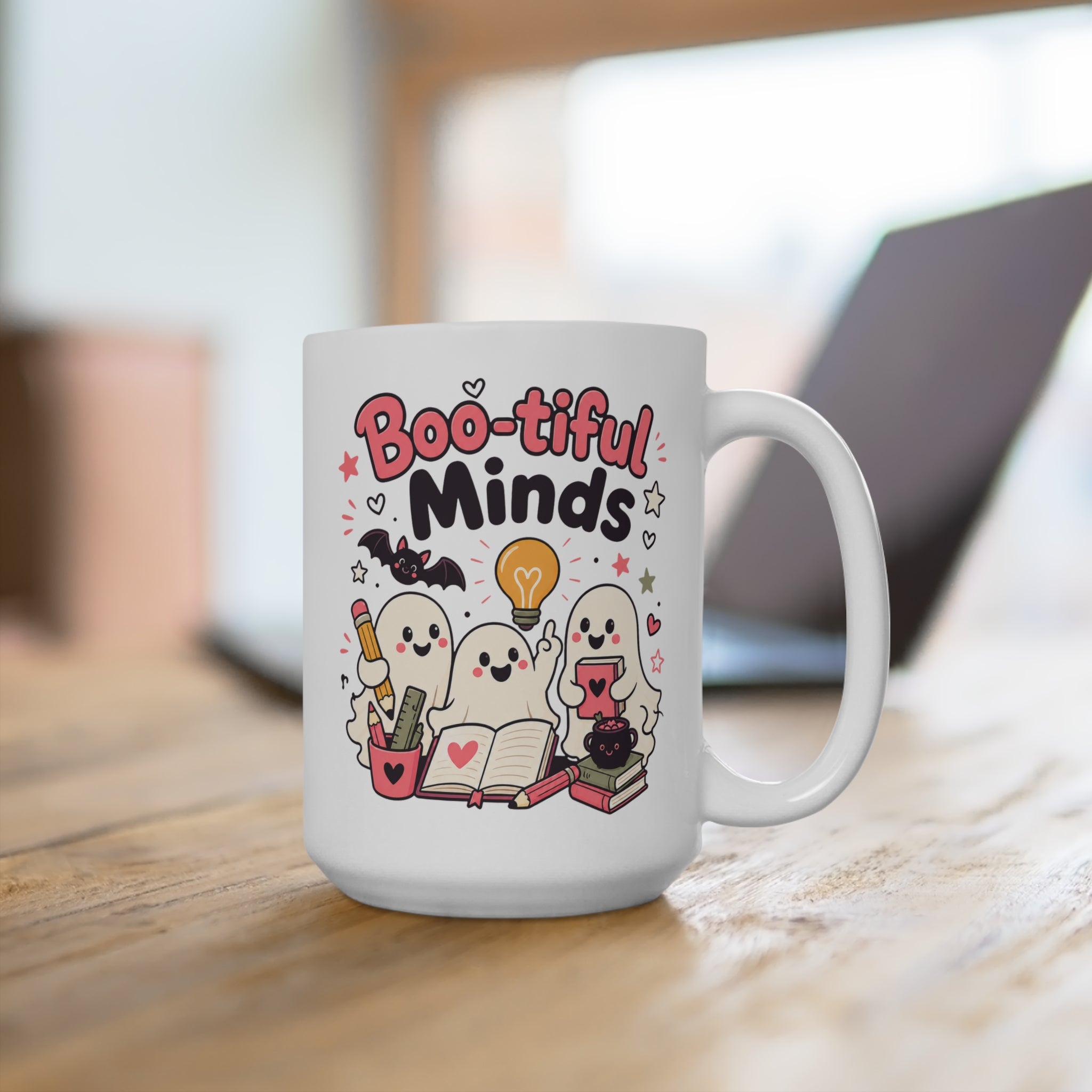 Boo-tiful Minds Mug - Cute Halloween Teacher Coffee Cup - Spooky School Gift for Teachers, Students, Book Lovers and Educators