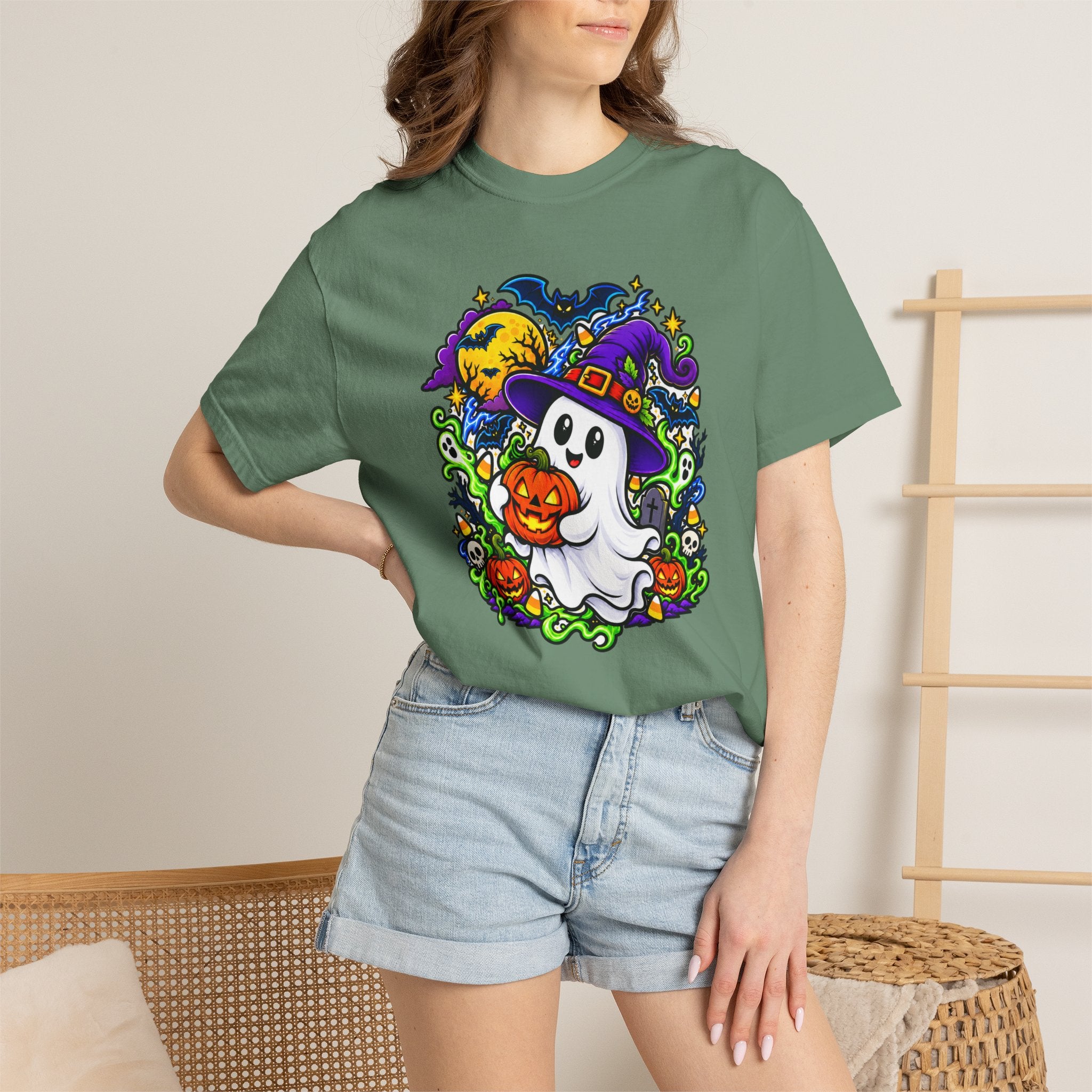Unisex Halloween Ghost & Pumpkin Tee | Vibrant Spooky Adult Shirt