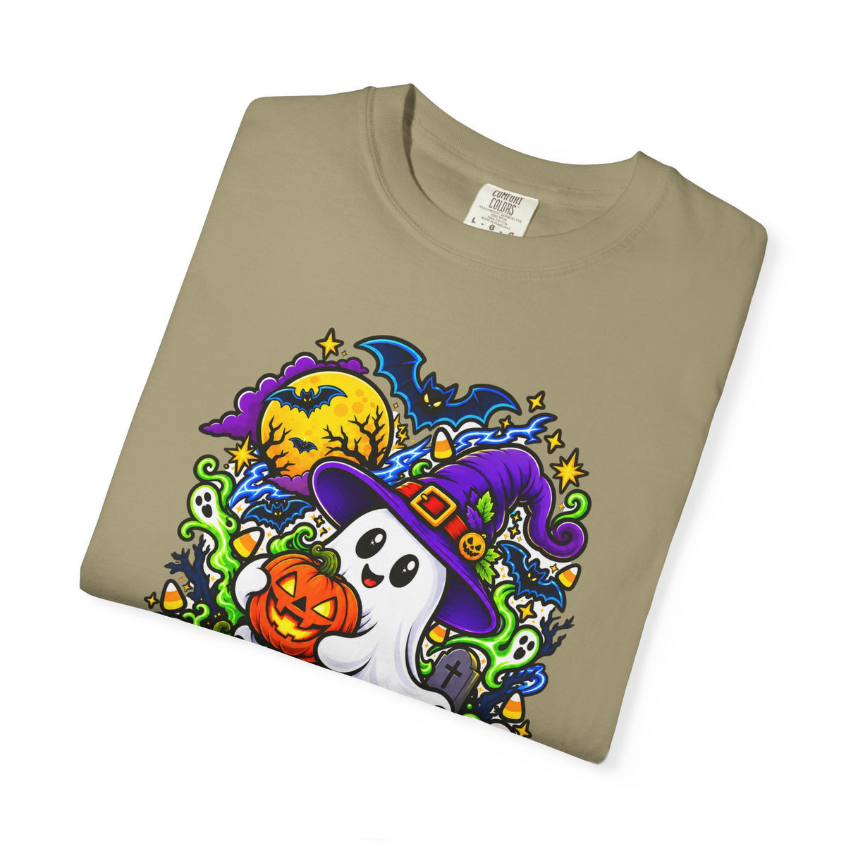 Unisex Halloween Ghost & Pumpkin Tee | Vibrant Spooky Adult Shirt