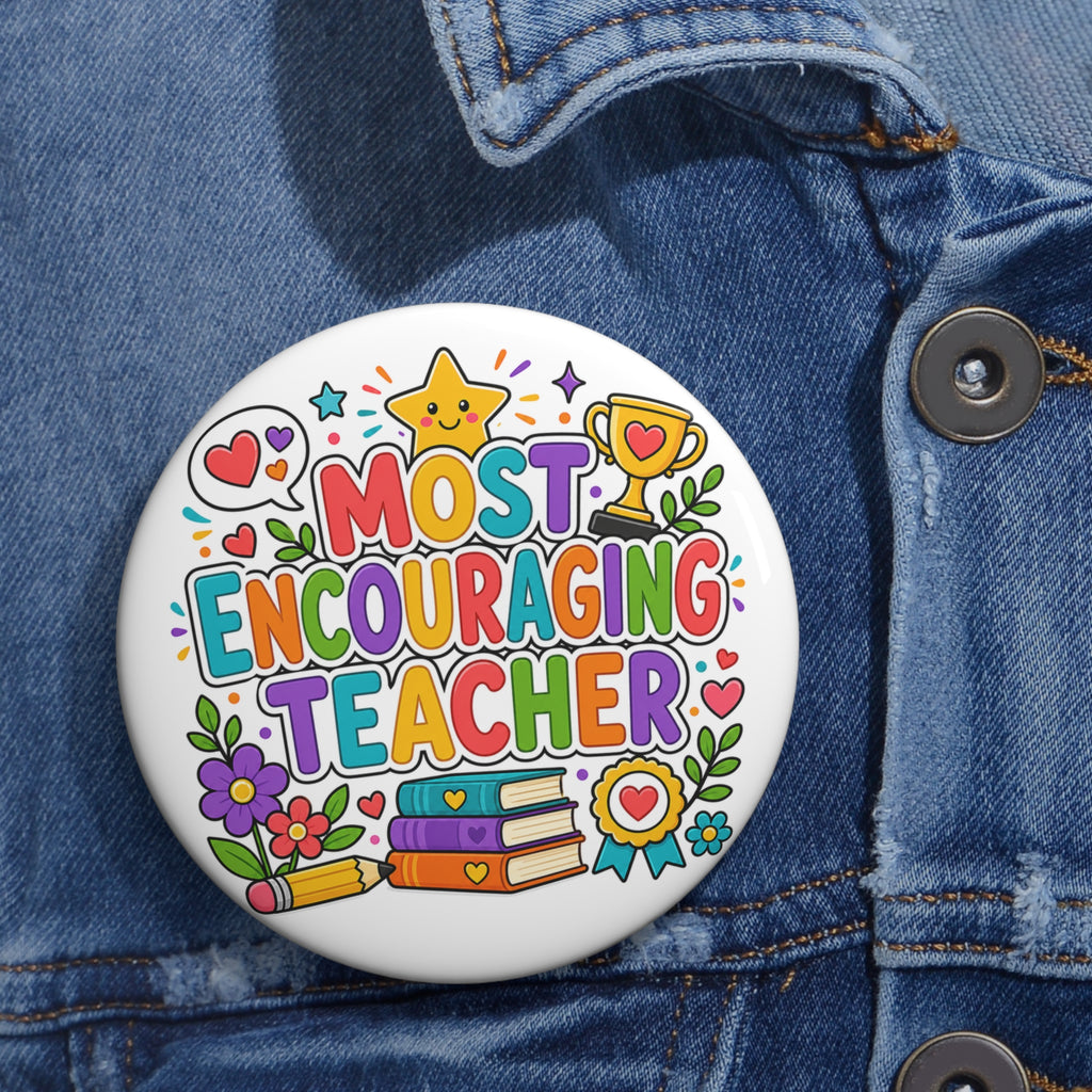 Most Encouraging Teacher Pin, Teacher Appreciation Gift, 3 Inch Award Button