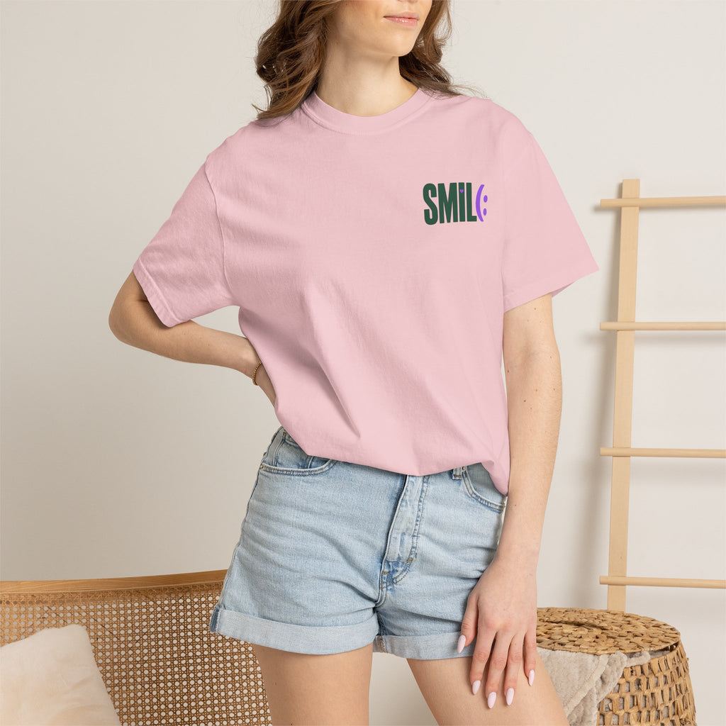 SMIL(: IT’S FREE. Green & Purple Front-and-Back Garment-Dyed Tee