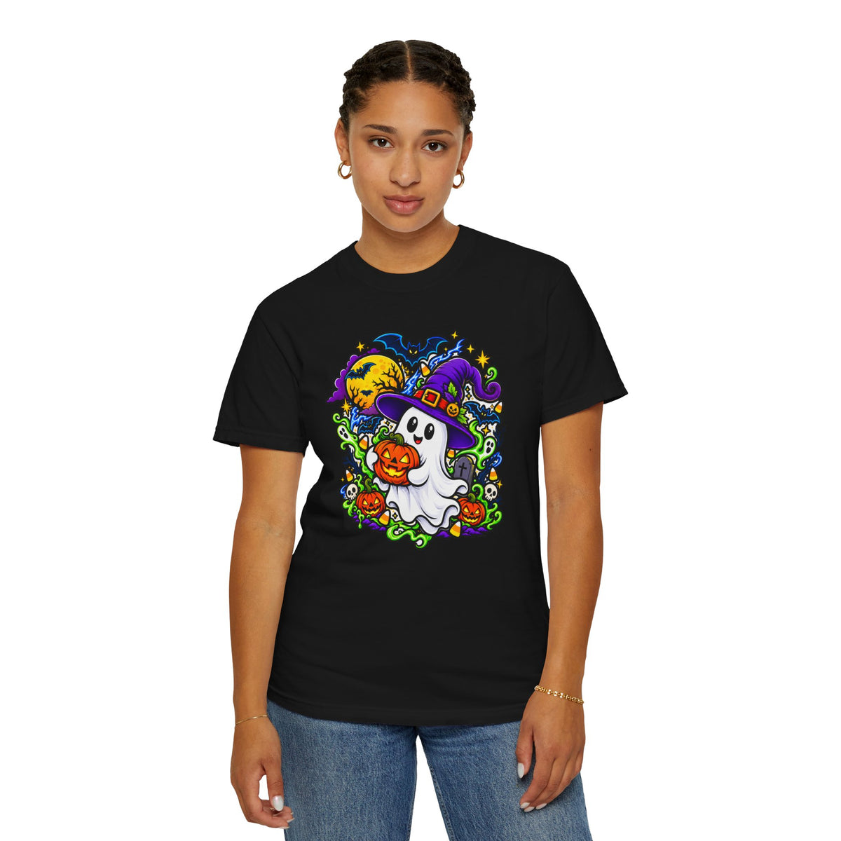 Unisex Halloween Ghost & Pumpkin Tee | Vibrant Spooky Adult Shirt