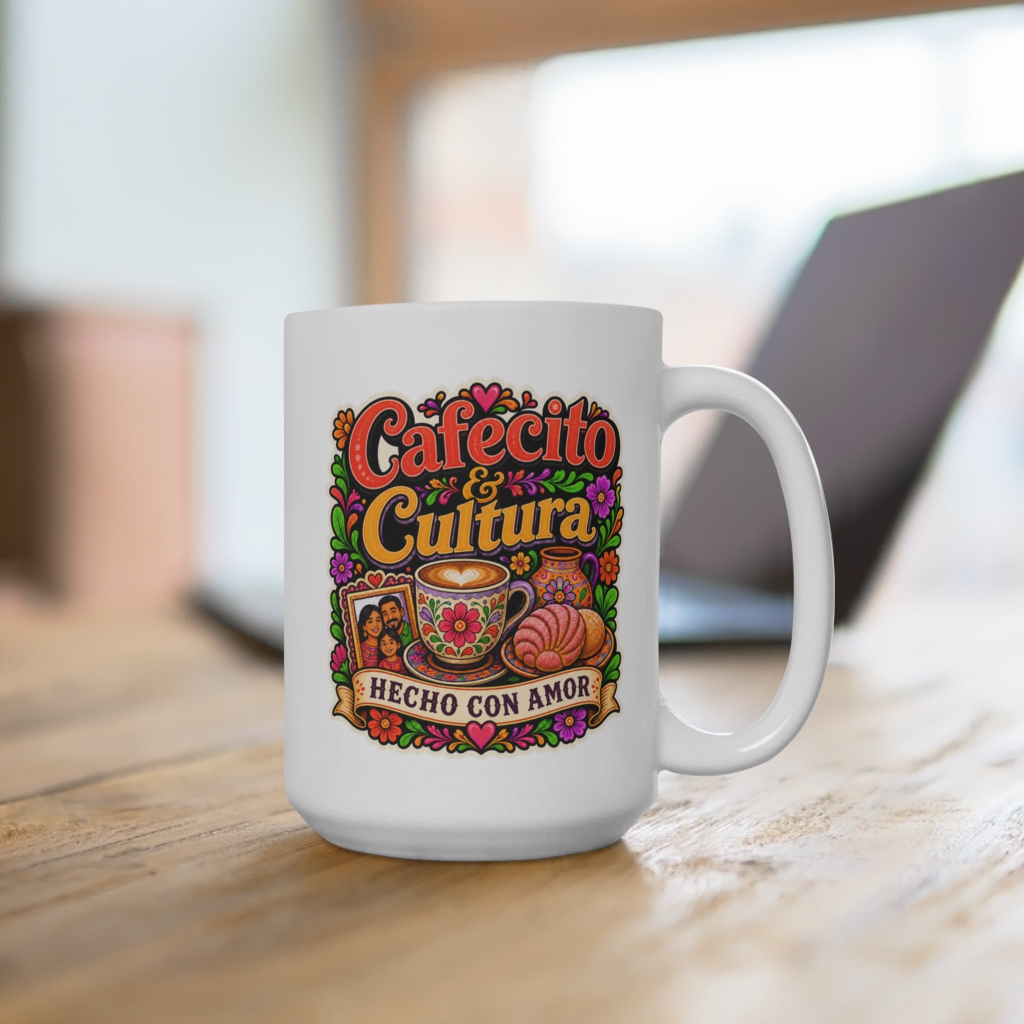 Cafecito and Cultura Mug - Hecho Con Amor Coffee Cup - Colorful Hispanic Heritage Gift for Latina Women, Coffee Lovers and Families