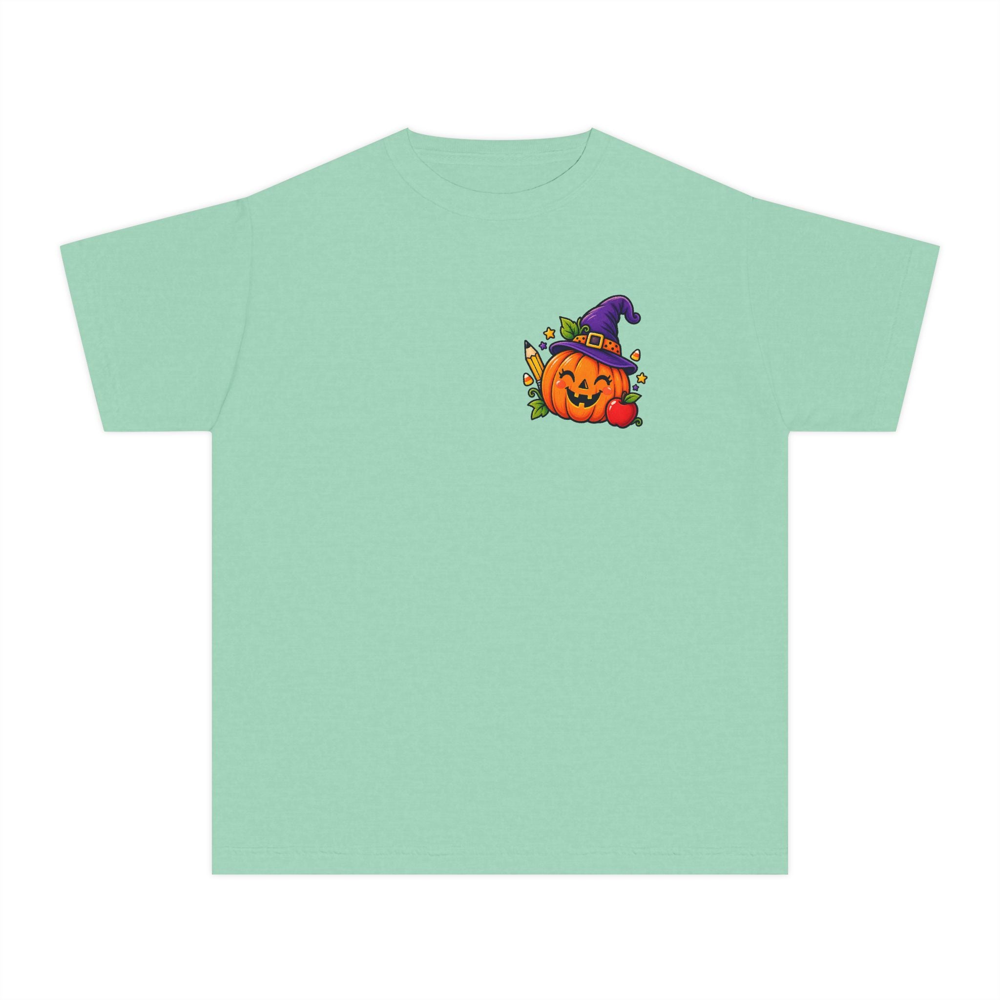 Kids Halloween Pumpkin Witch Hat Tee — Cute Jack-O'-Lantern with Apple & Pencils