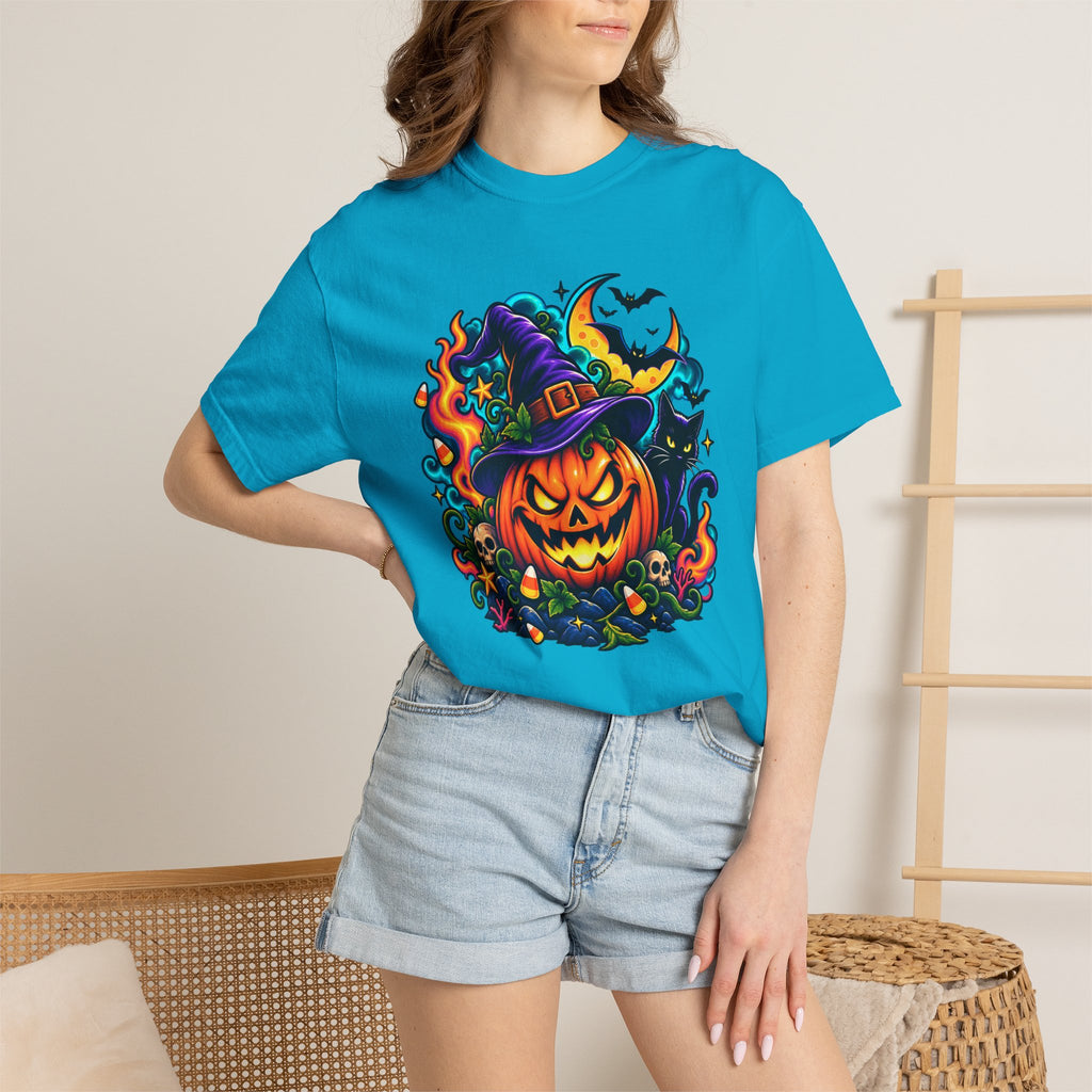 Unisex Halloween Pumpkin & Black Cat T-Shirt | Colorful Spooky Adult Tee