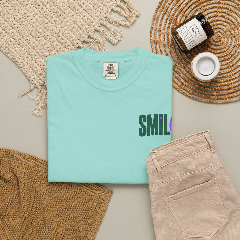 SMIL(: IT’S FREE. Green & Purple Front-and-Back Garment-Dyed Tee