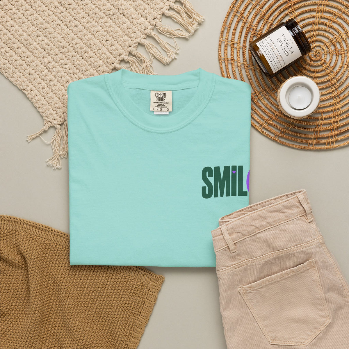 SMIL(: IT’S FREE. Green & Purple Front-and-Back Garment-Dyed Tee