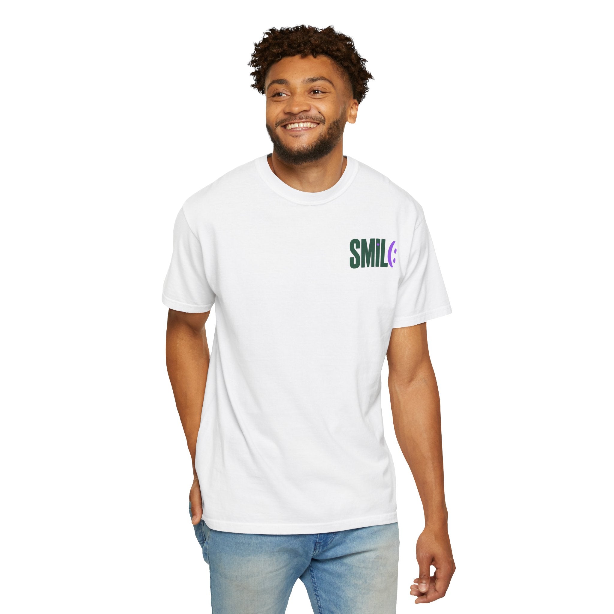 SMIL(: IT’S FREE. Green & Purple Front-and-Back Garment-Dyed Tee