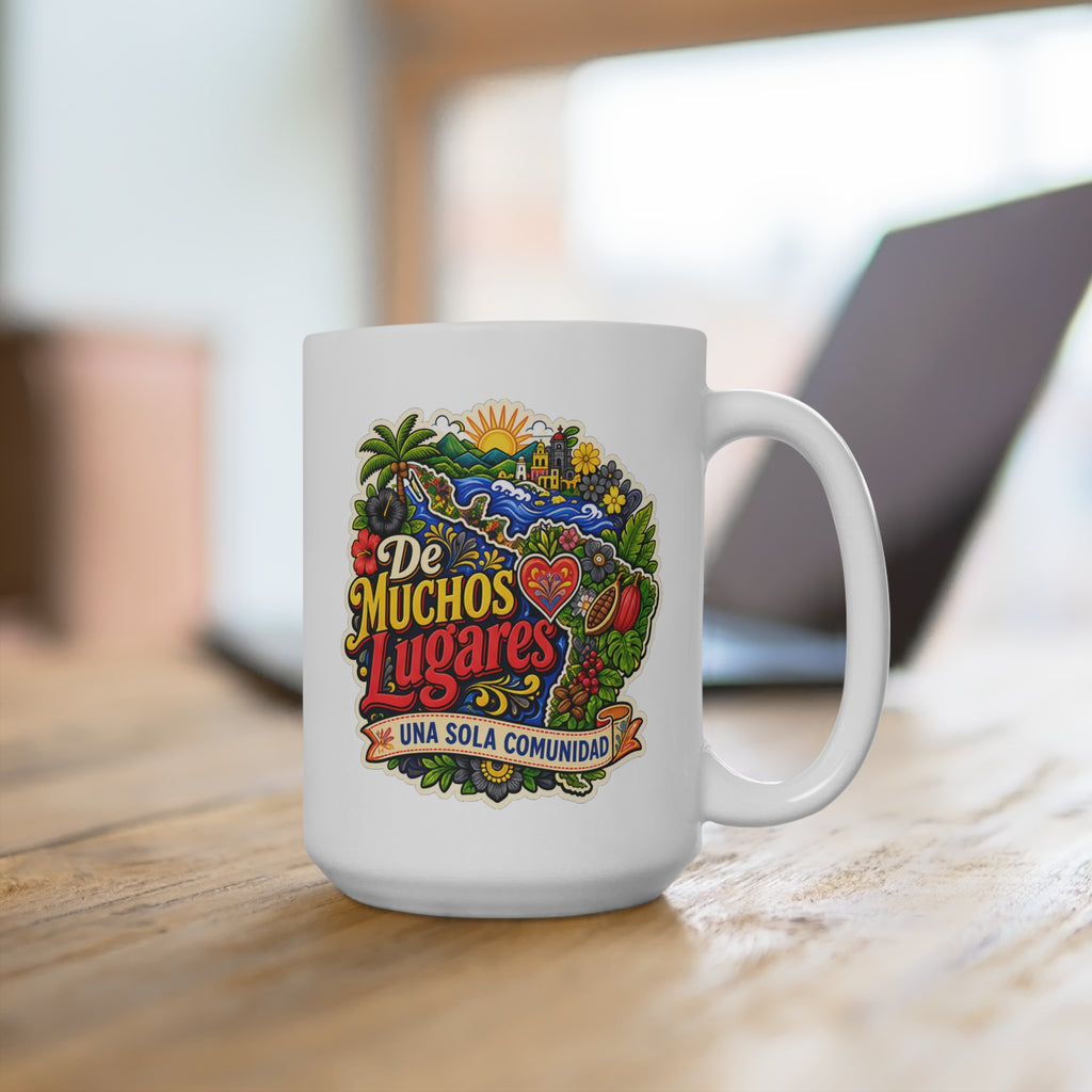 De Muchos Lugares Mug - Una Sola Comunidad Coffee Cup - Latino Heritage Gift for Hispanic Families, Immigrants and Culture Lovers