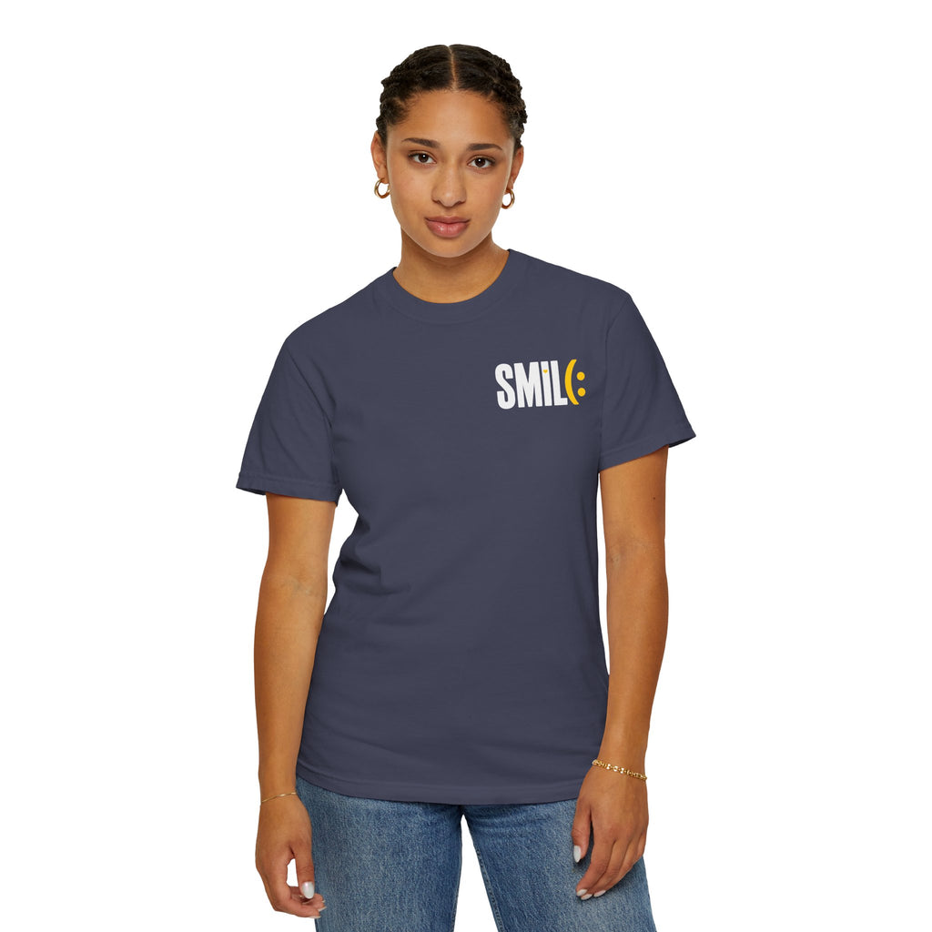 SMIL(: IT’S FREE. White & Yellow Front-and-Back Garment-Dyed Tee