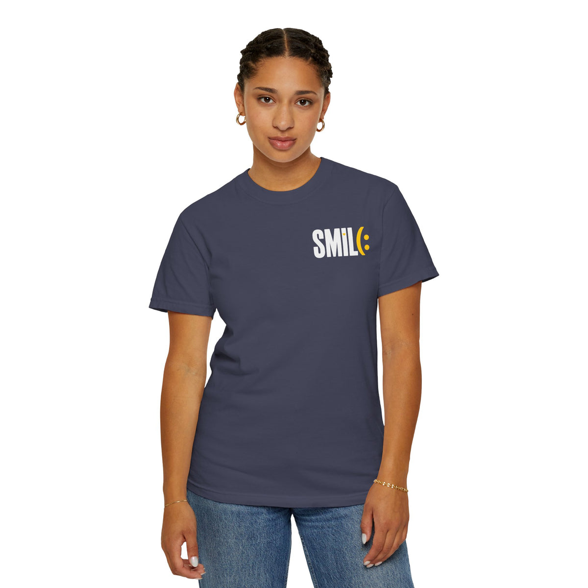 SMIL(: IT’S FREE. White & Yellow Front-and-Back Garment-Dyed Tee