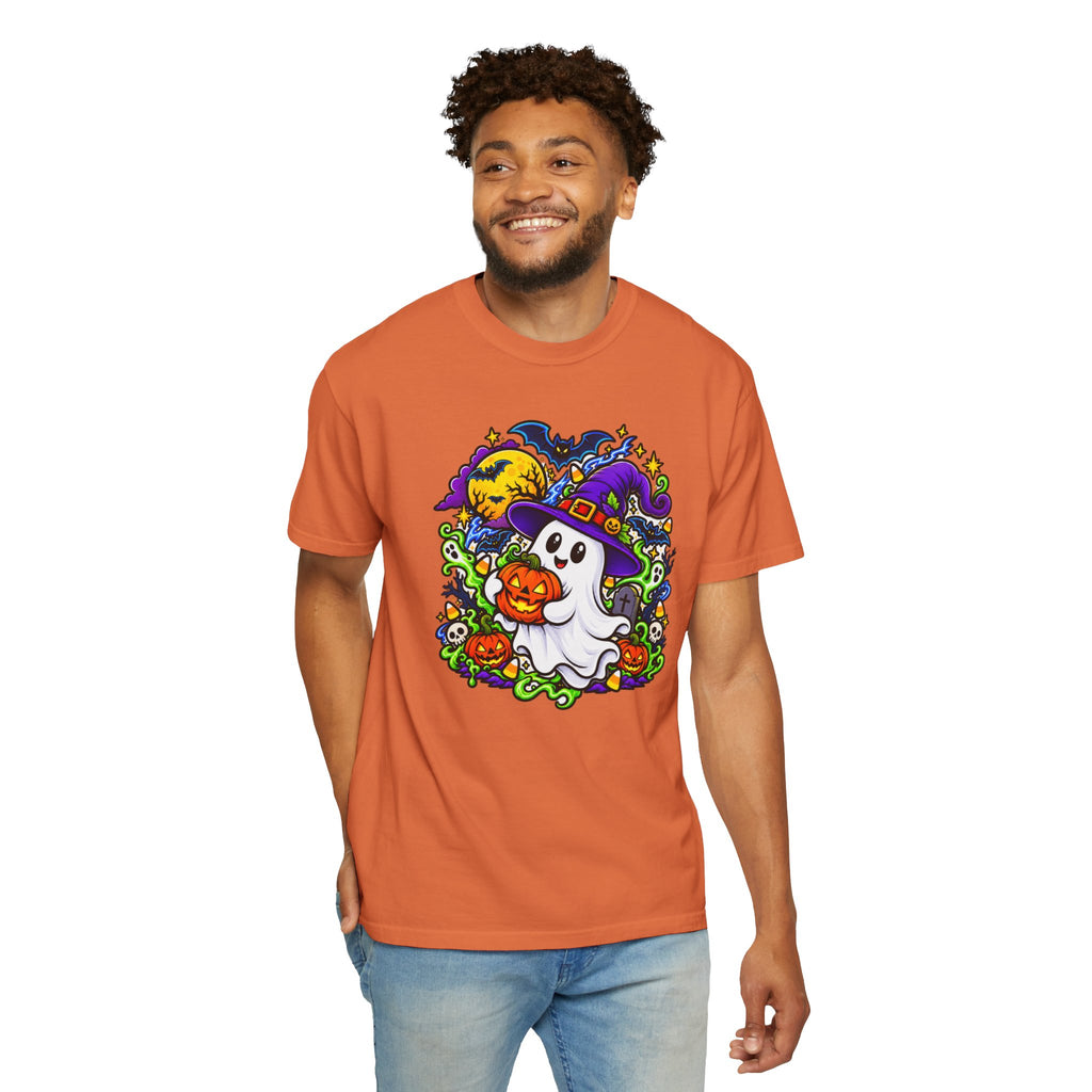 Unisex Halloween Ghost & Pumpkin Tee | Vibrant Spooky Adult Shirt
