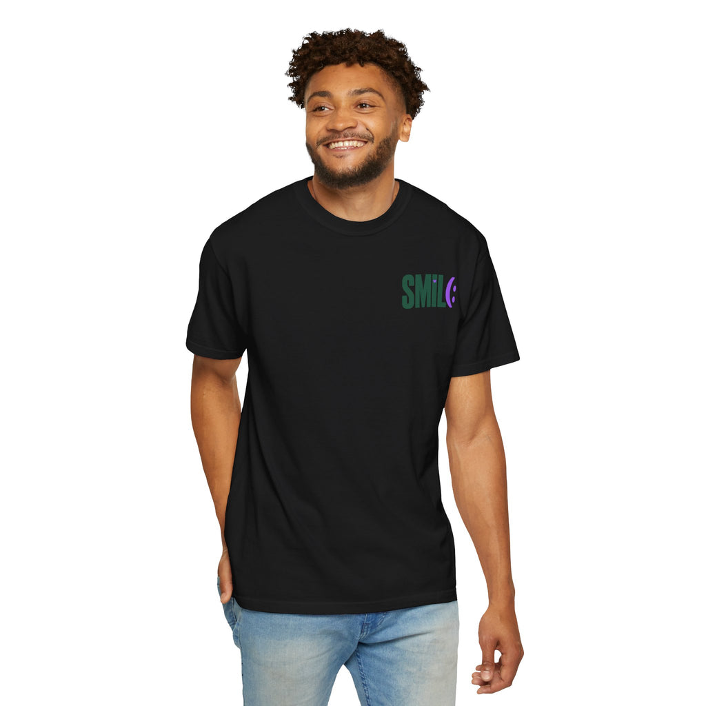 SMIL(: IT’S FREE. Green & Purple Front-and-Back Garment-Dyed Tee