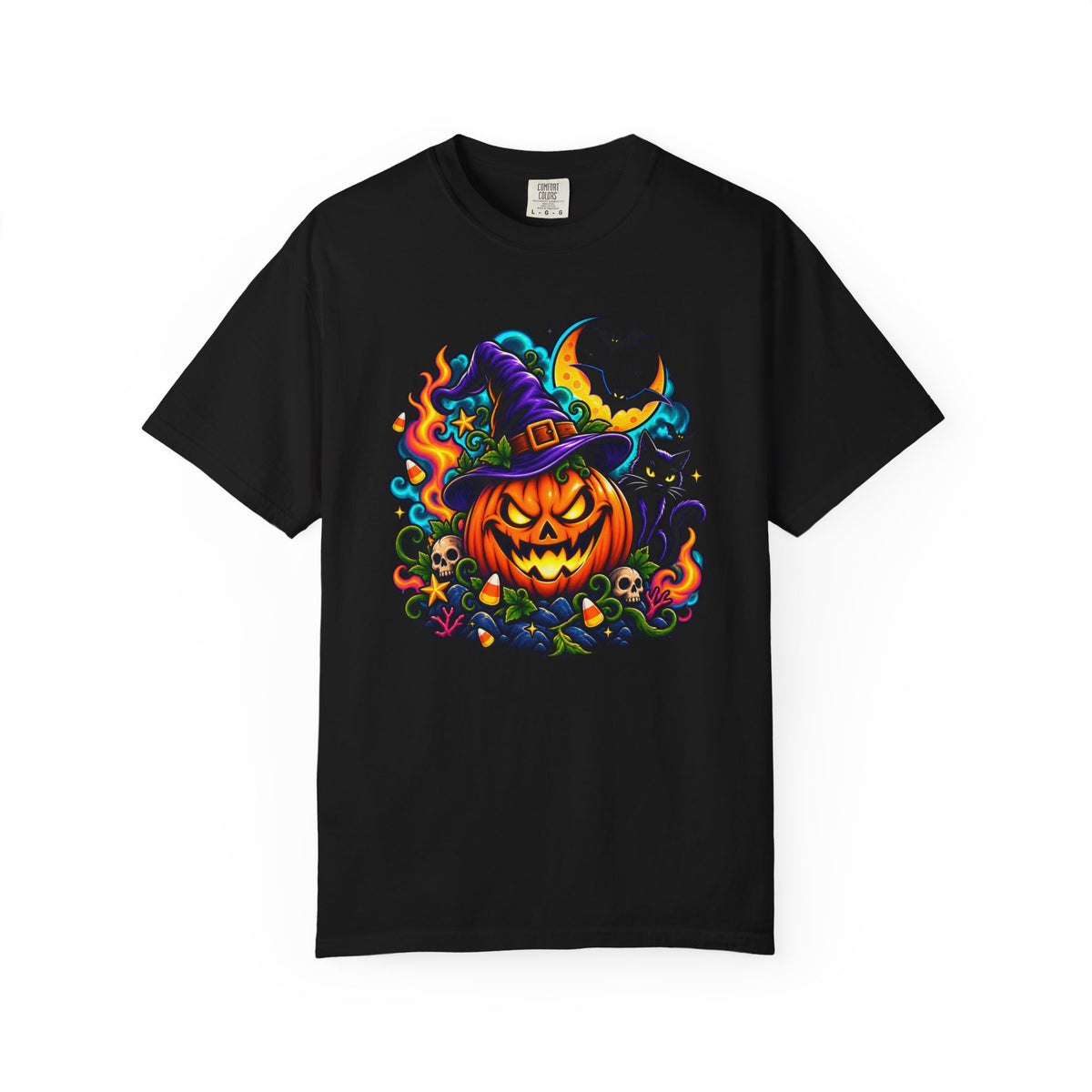 Unisex Halloween Pumpkin & Black Cat T-Shirt | Colorful Spooky Adult Tee