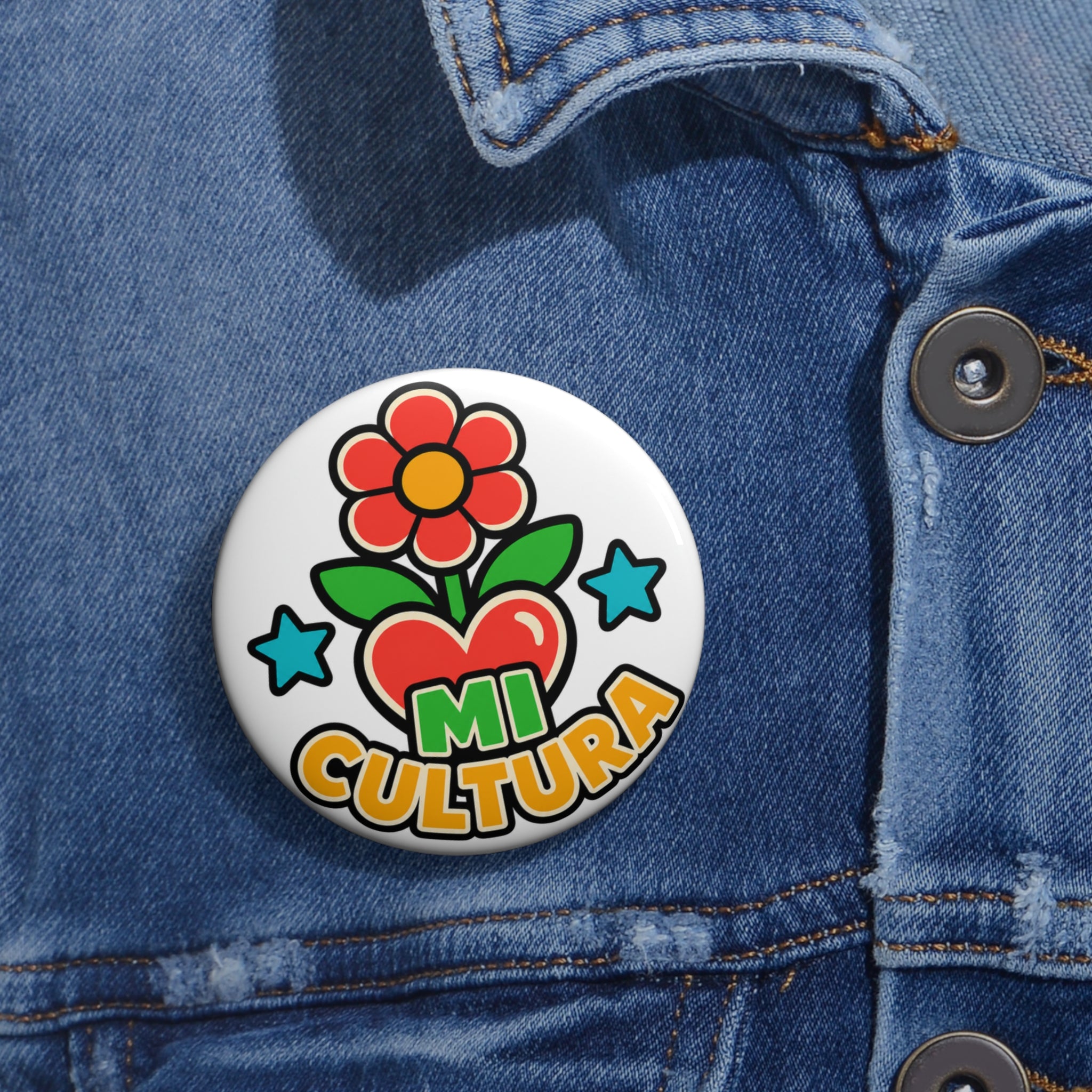 Mi Cultura Button Pin – Colorful Latin Culture Badge, Heart and Flower Gift