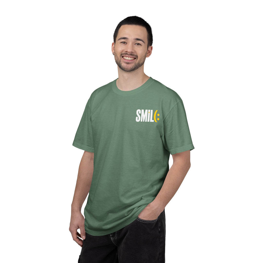 SMIL(: IT’S FREE. White & Yellow Front-and-Back Garment-Dyed Tee