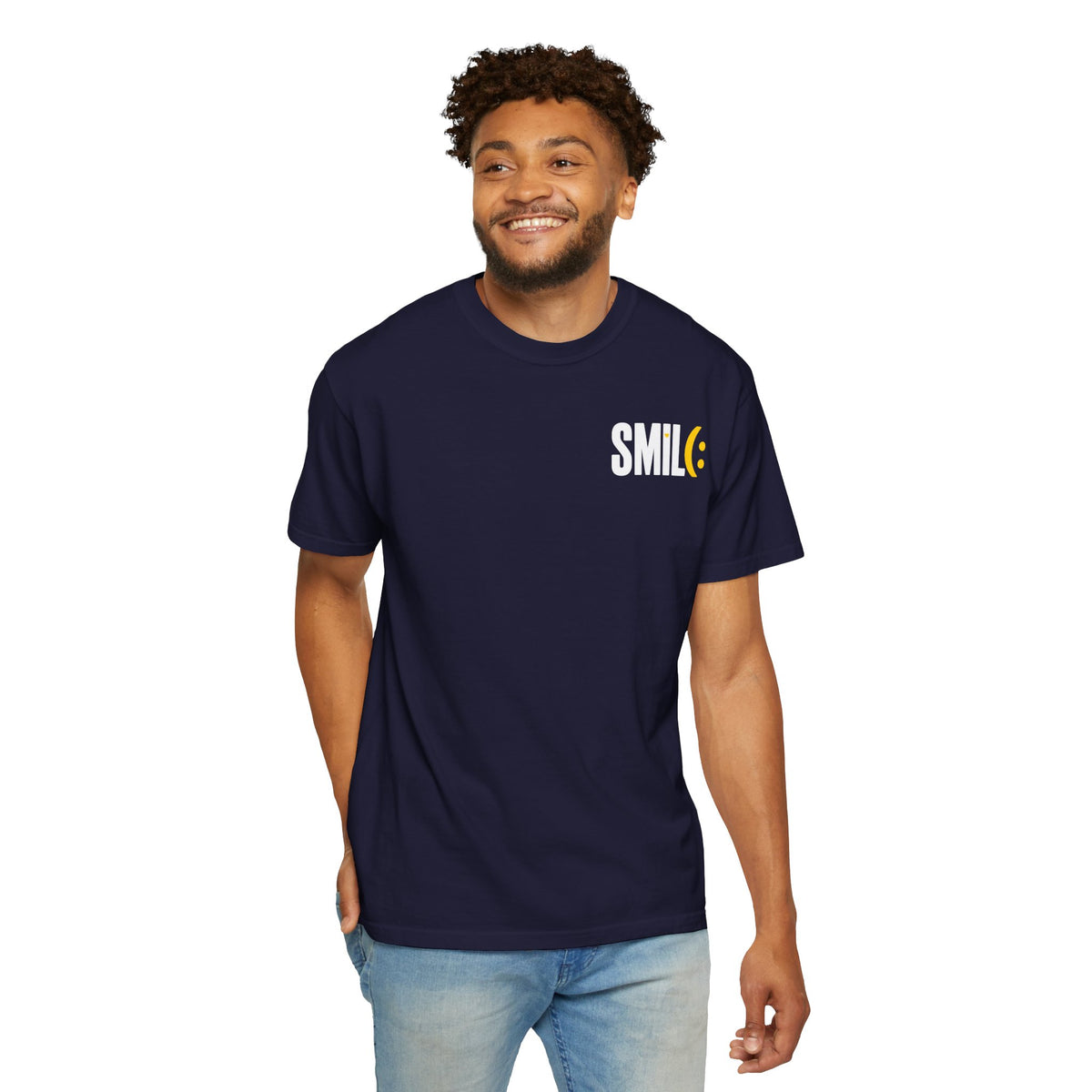 SMIL(: IT’S FREE. White & Yellow Front-and-Back Garment-Dyed Tee
