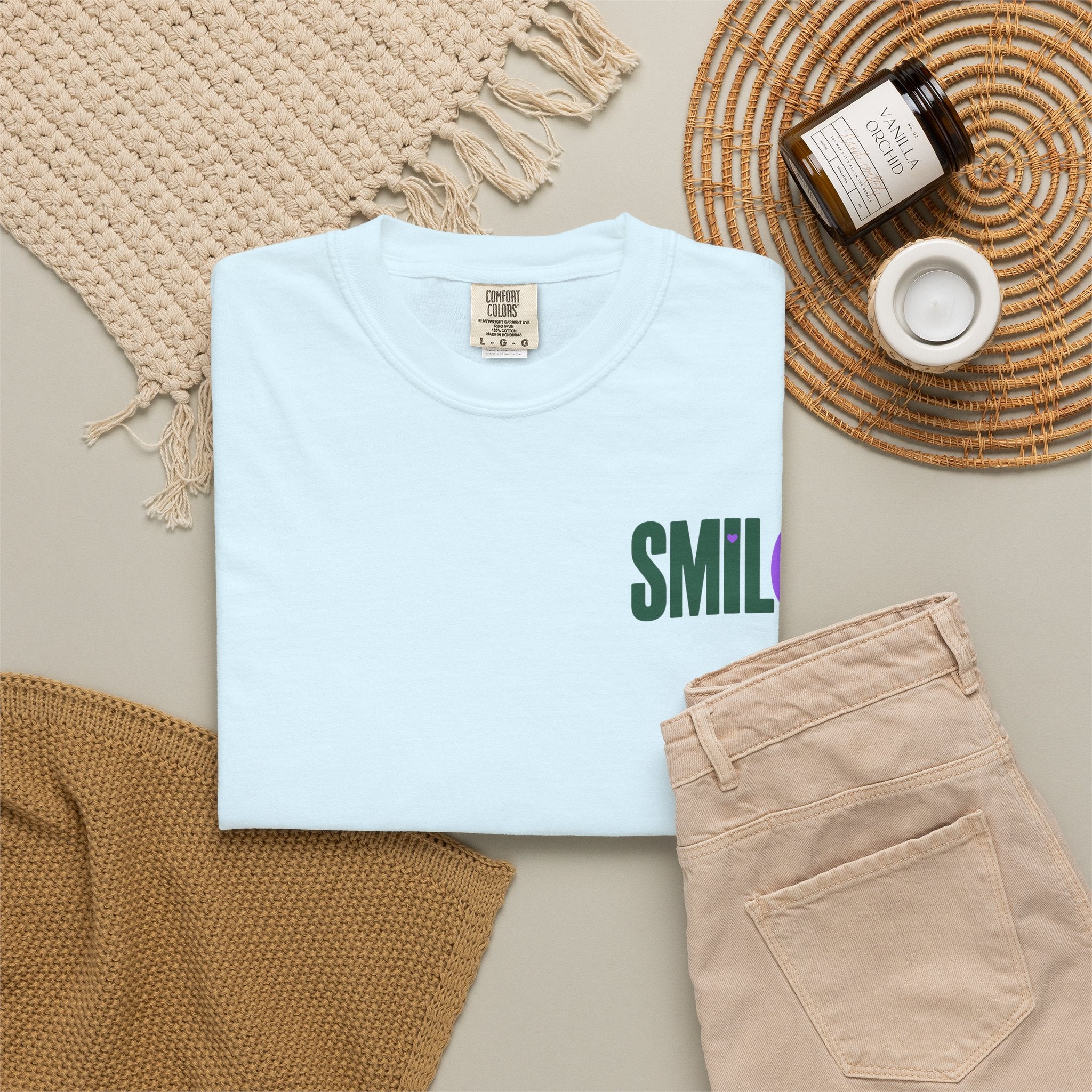 SMIL(: IT’S FREE. Green & Purple Front-and-Back Garment-Dyed Tee