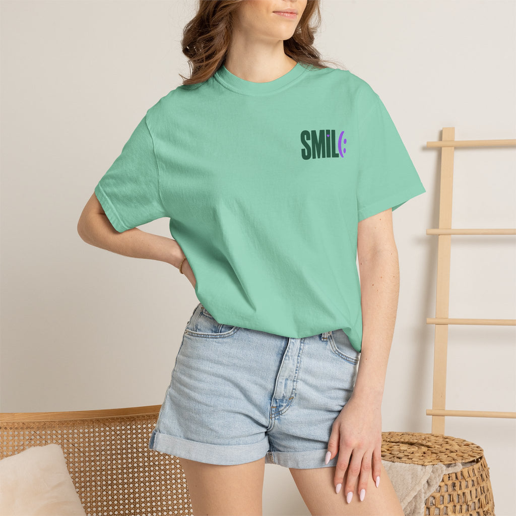 SMIL(: IT’S FREE. Green & Purple Front-and-Back Garment-Dyed Tee