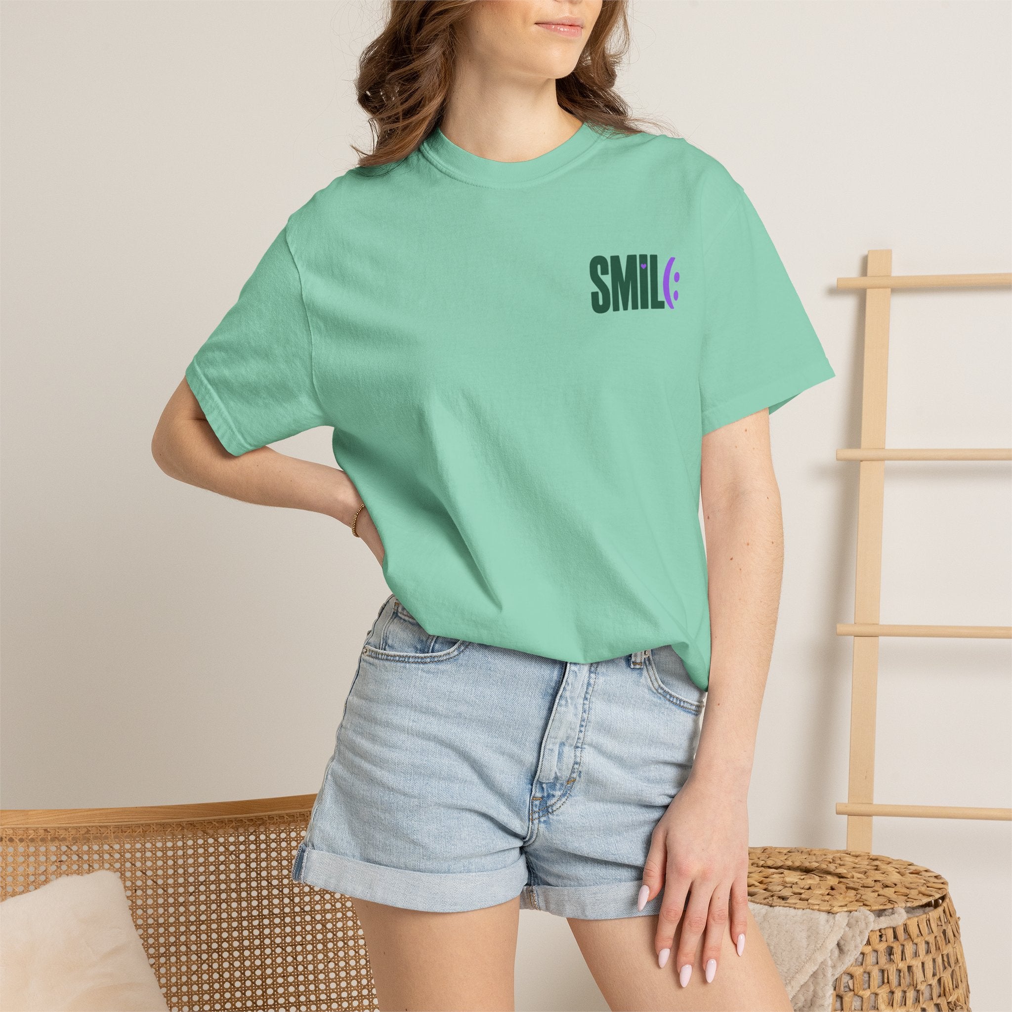 SMIL(: IT’S FREE. Green & Purple Front-and-Back Garment-Dyed Tee