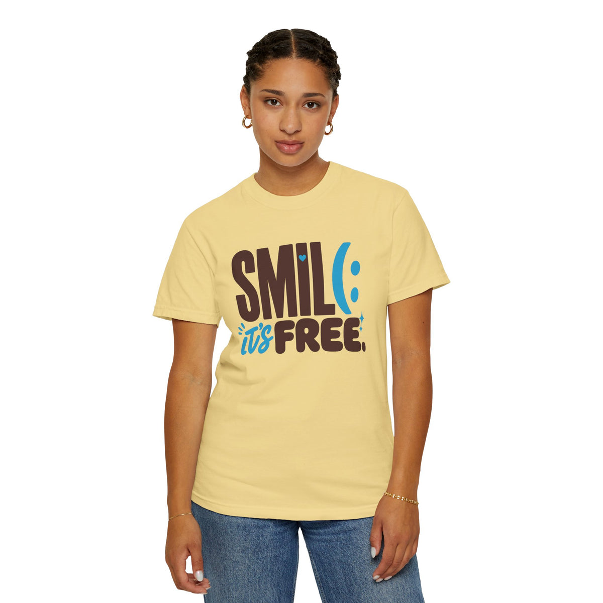 SMIL(: IT’S FREE. Brown & Bright Blue Garment-Dyed Graphic Tee