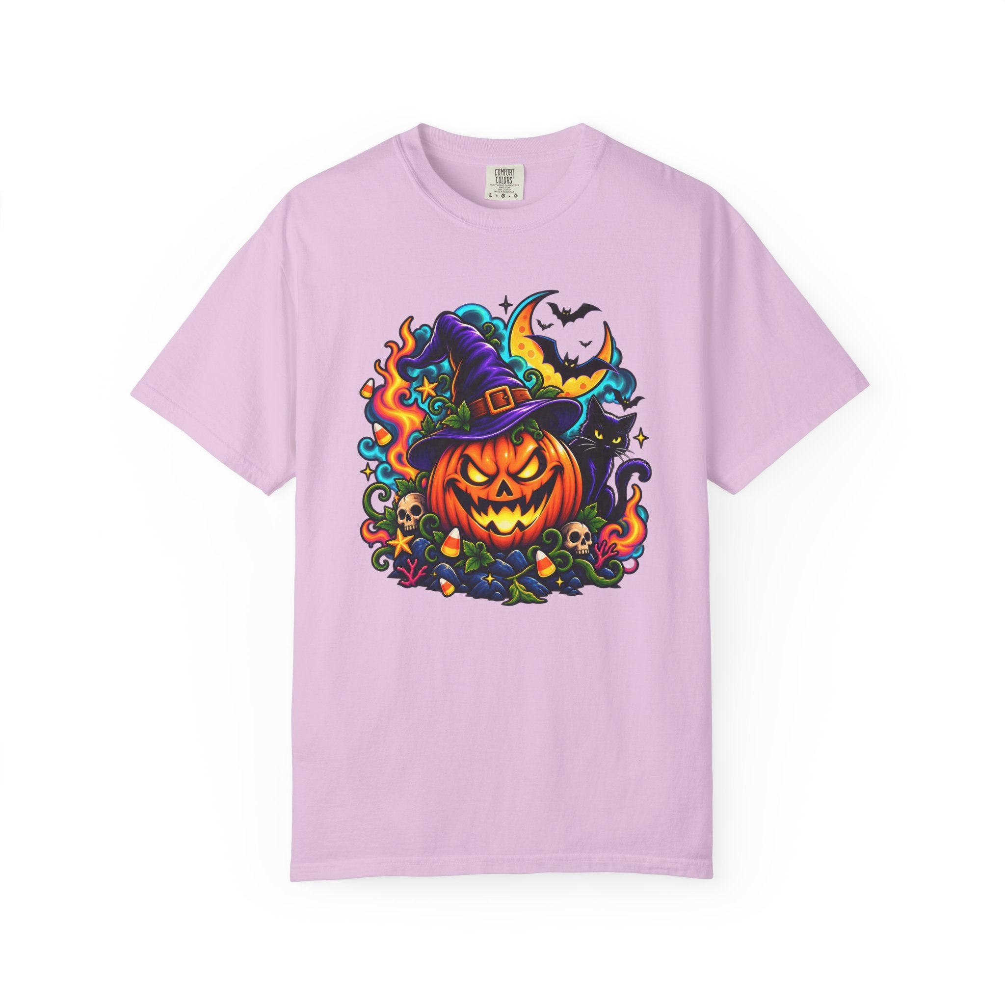 Unisex Halloween Pumpkin & Black Cat T-Shirt | Colorful Spooky Adult Tee