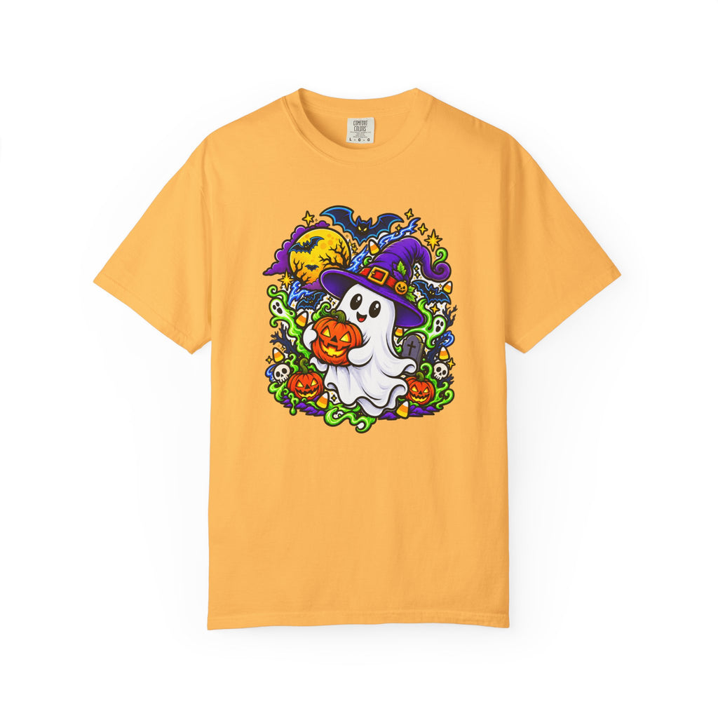 Unisex Halloween Ghost & Pumpkin Tee | Vibrant Spooky Adult Shirt