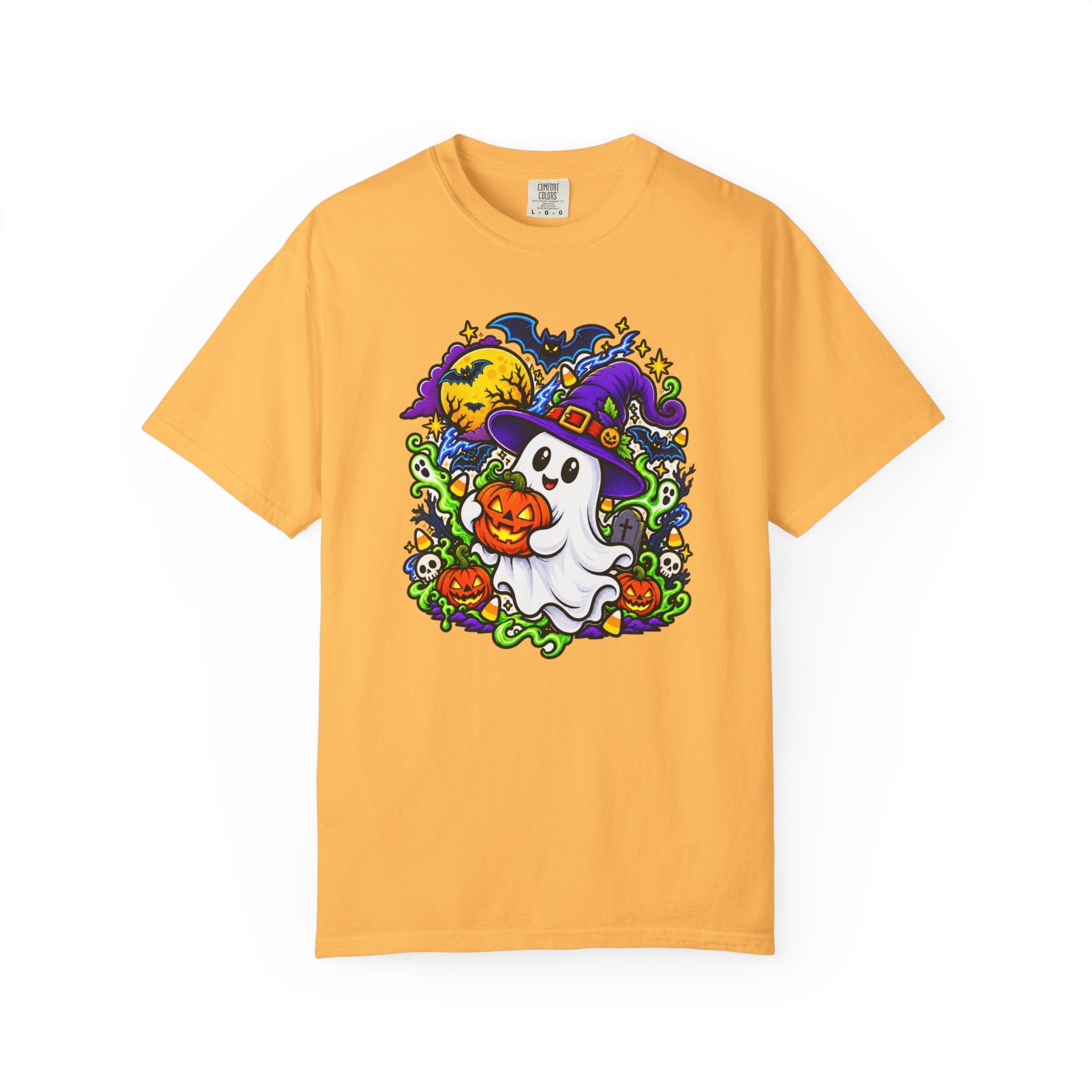Unisex Halloween Ghost & Pumpkin Tee | Vibrant Spooky Adult Shirt