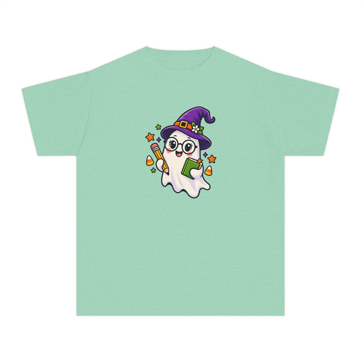 Kids Halloween Ghost Tee — Cute Witch Hat Ghost with Candy Corn & Trick-or-Treat Book