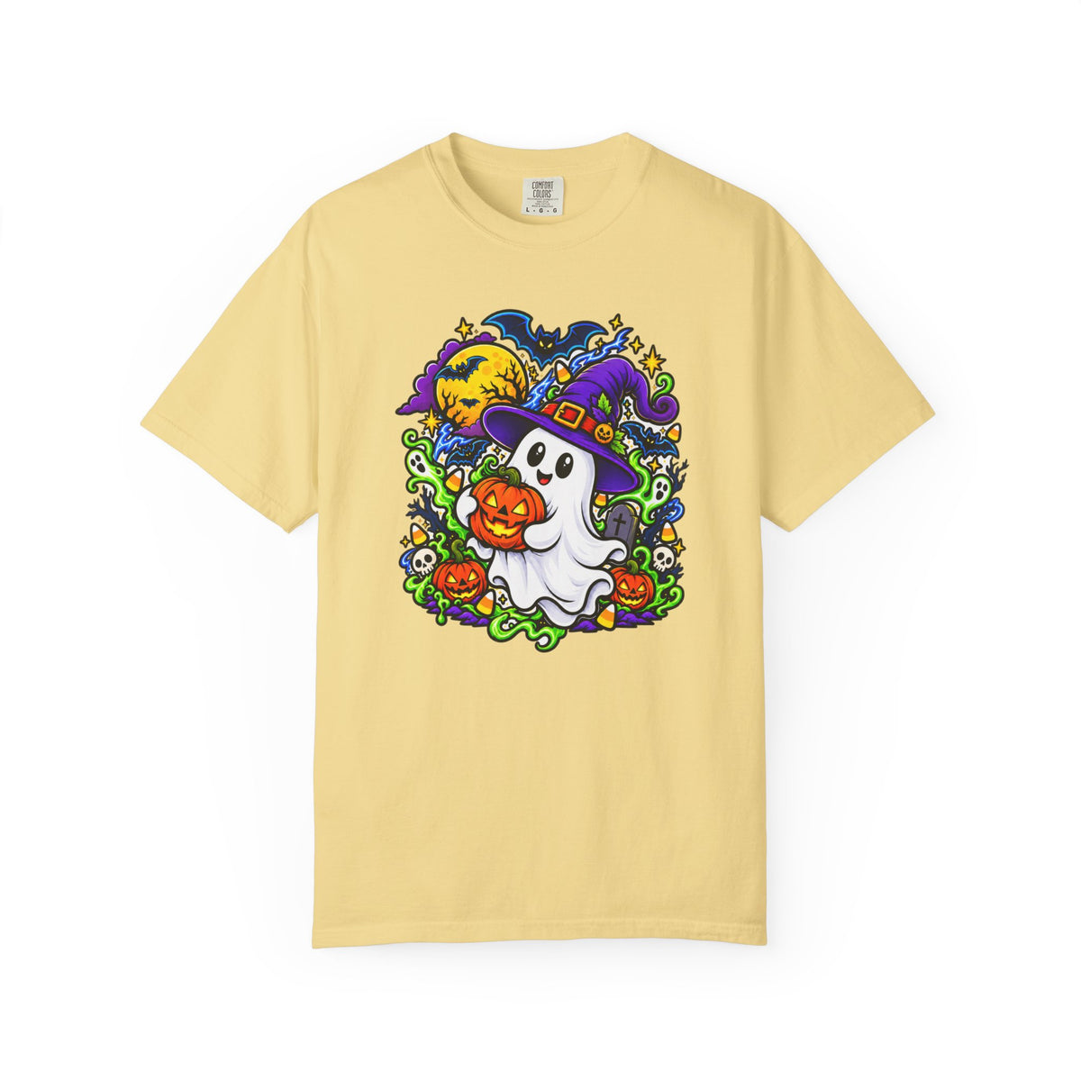 Unisex Halloween Ghost & Pumpkin Tee | Vibrant Spooky Adult Shirt